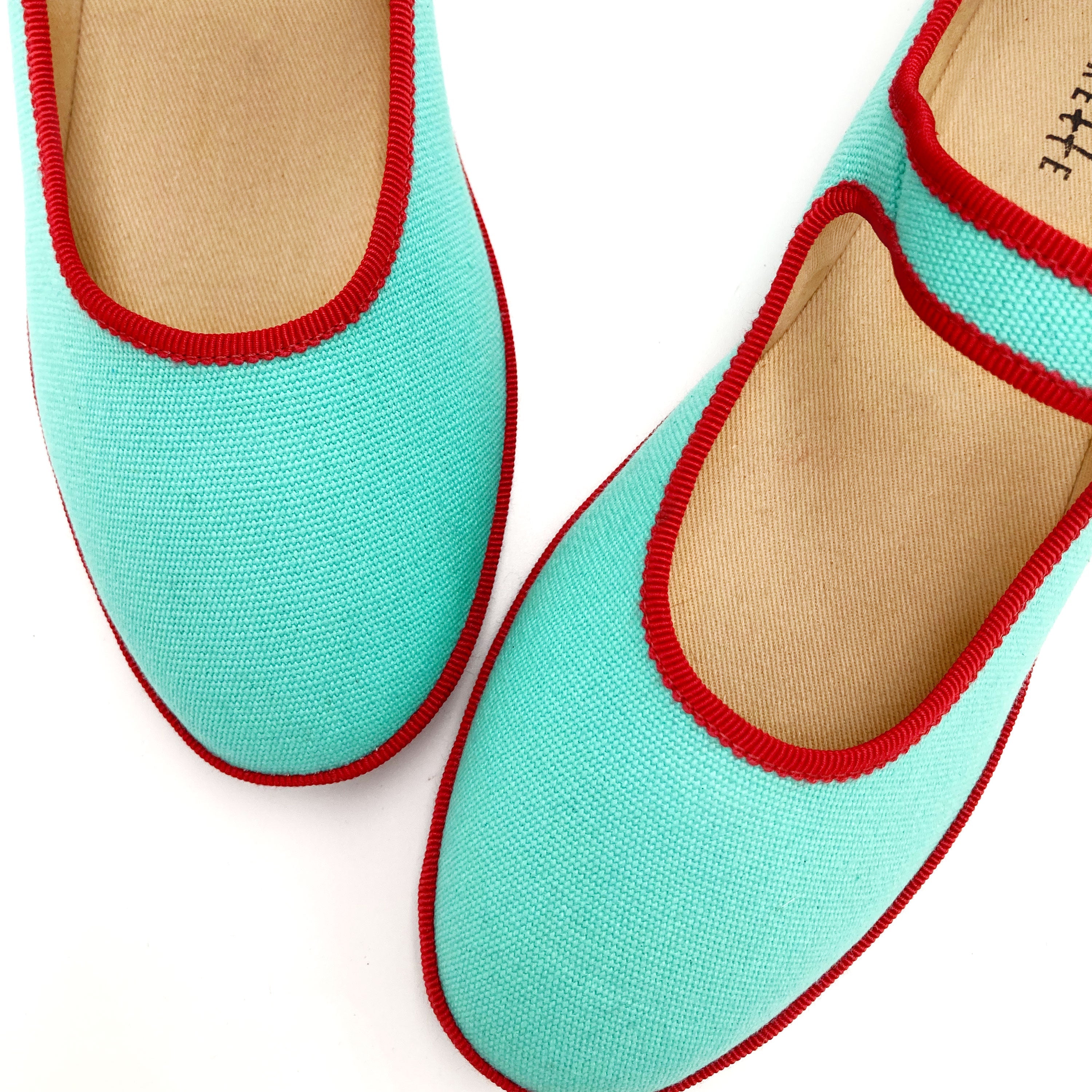 Aqua blue cotton Mary Jane friulane with red details