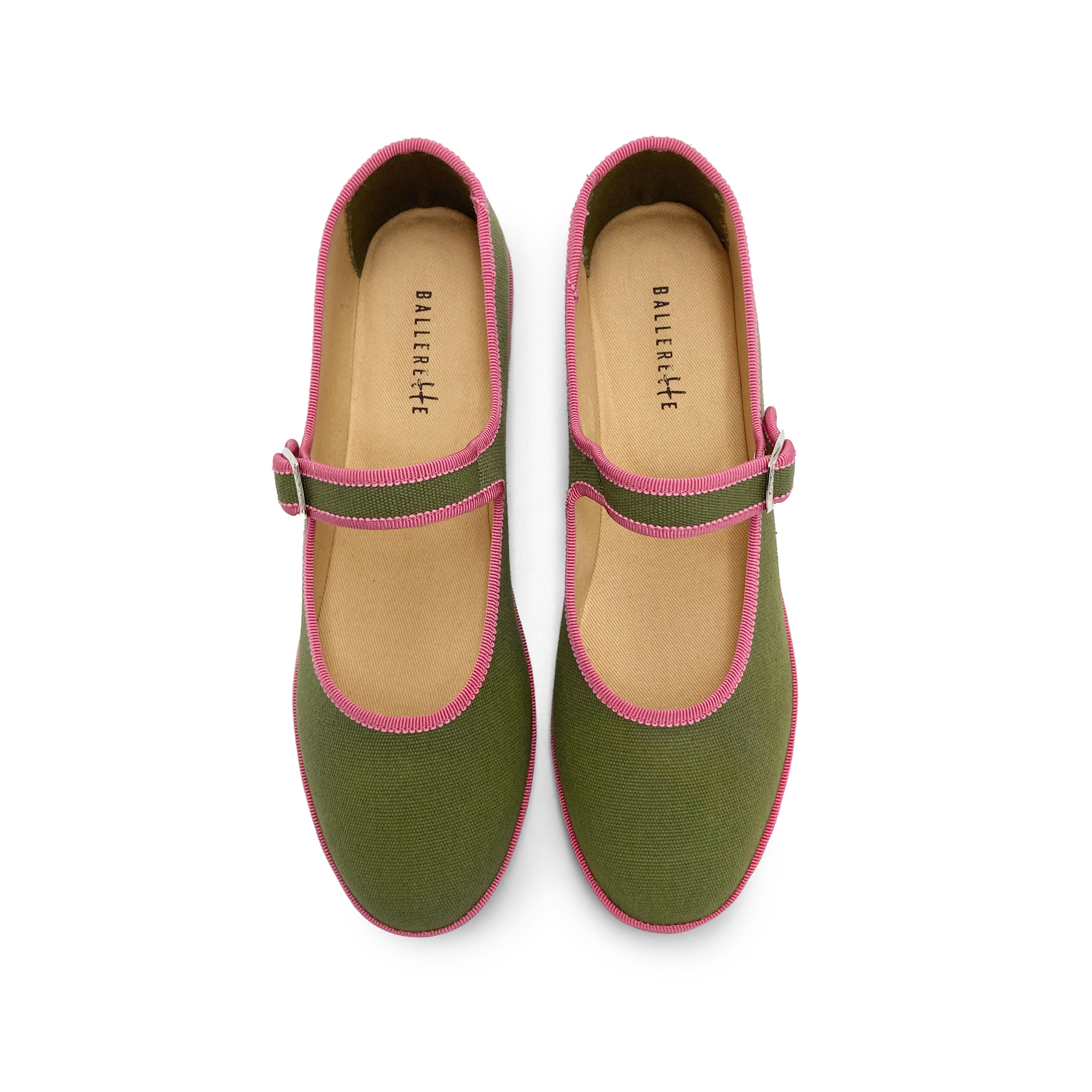 Olive green cotton Mary Jane friulane with peony pink details