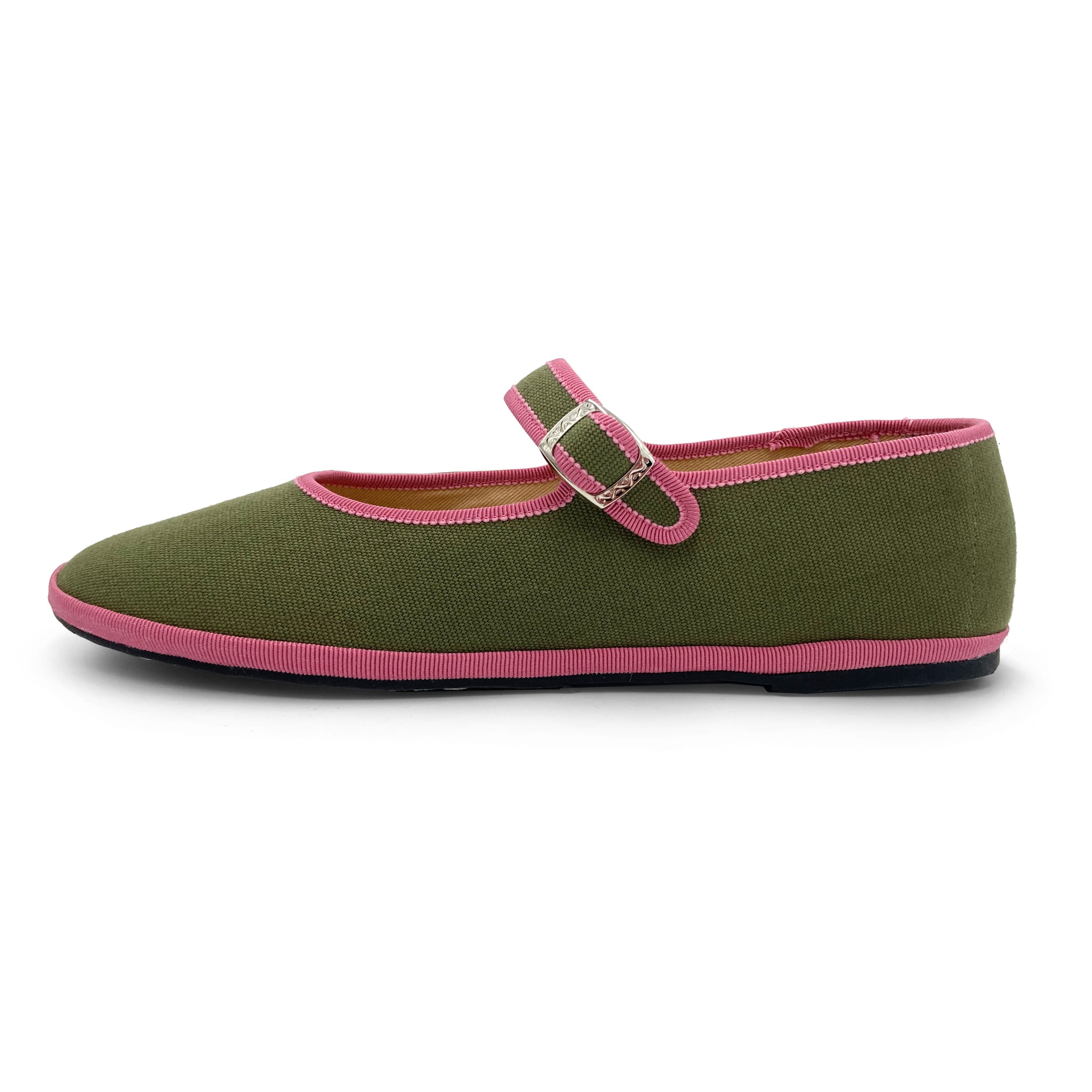 Olive green cotton Mary Jane friulane with peony pink details