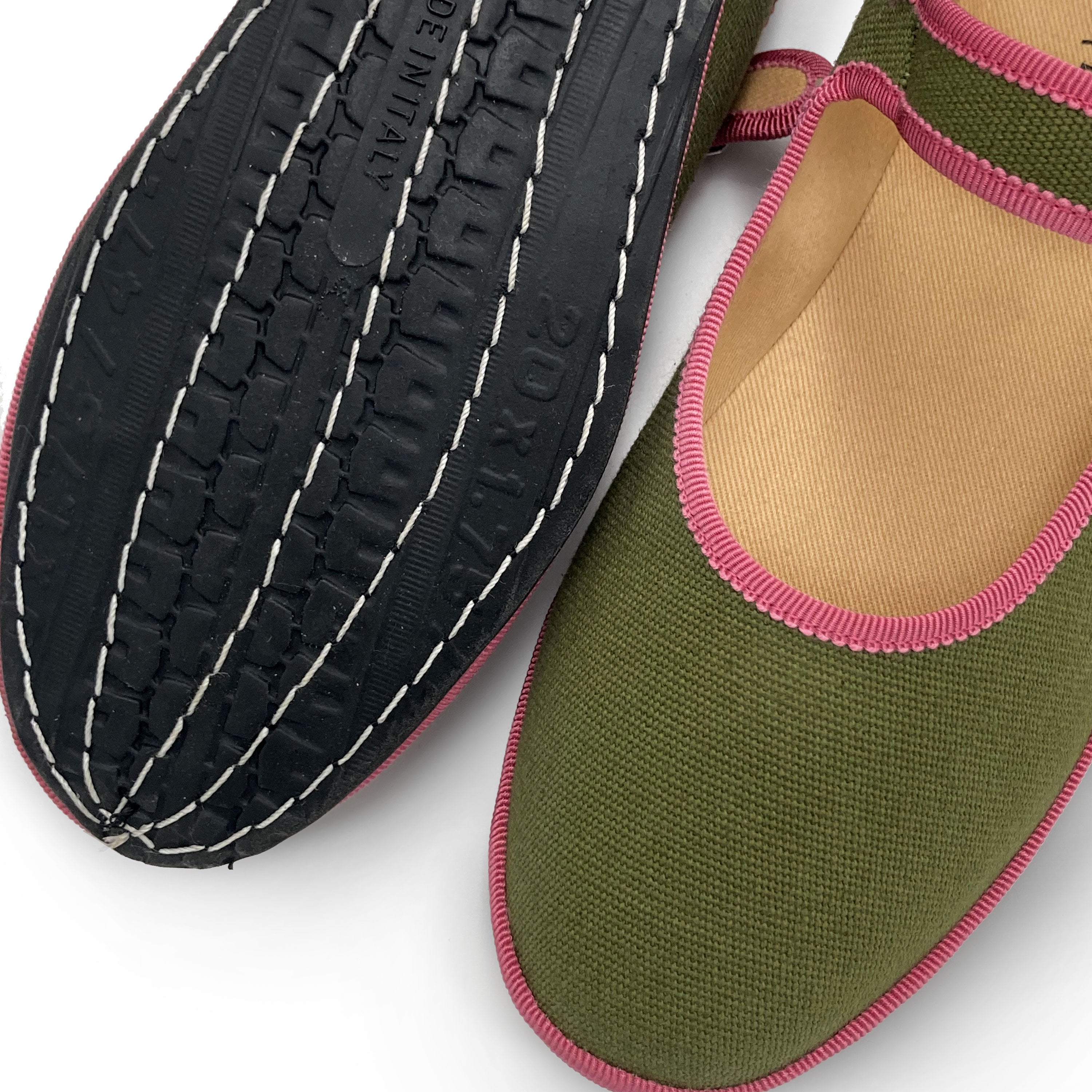 Olive green cotton Mary Jane friulane with peony pink details