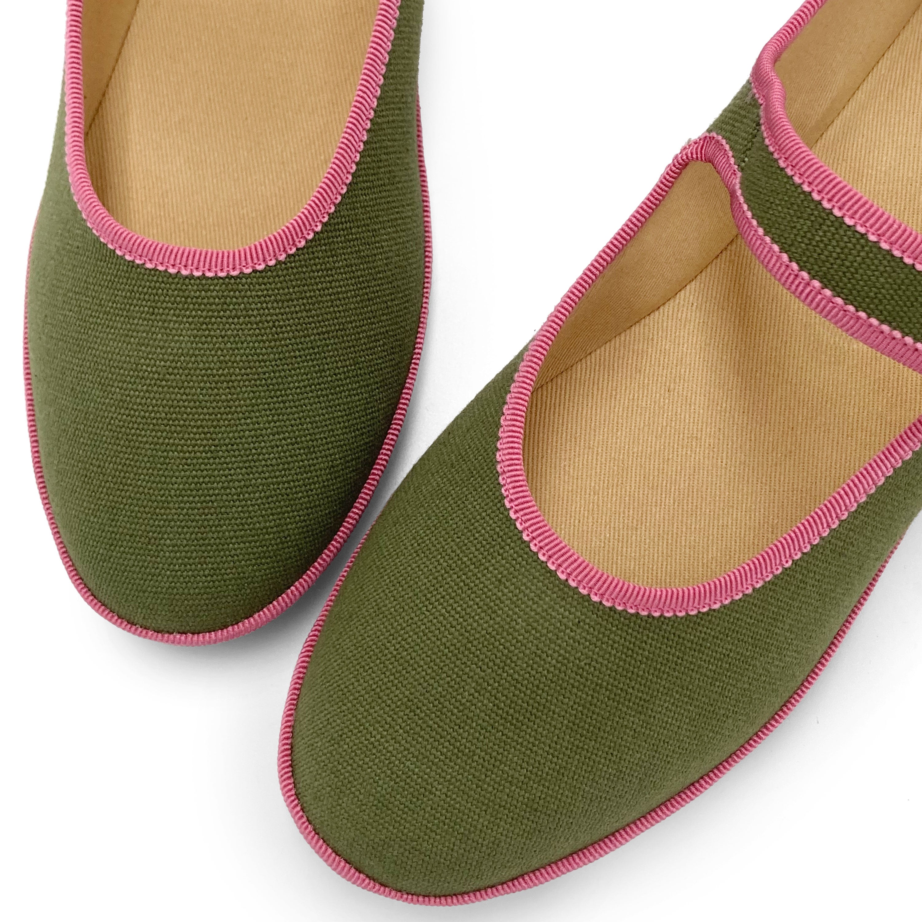 Olive green cotton Mary Jane friulane with peony pink details