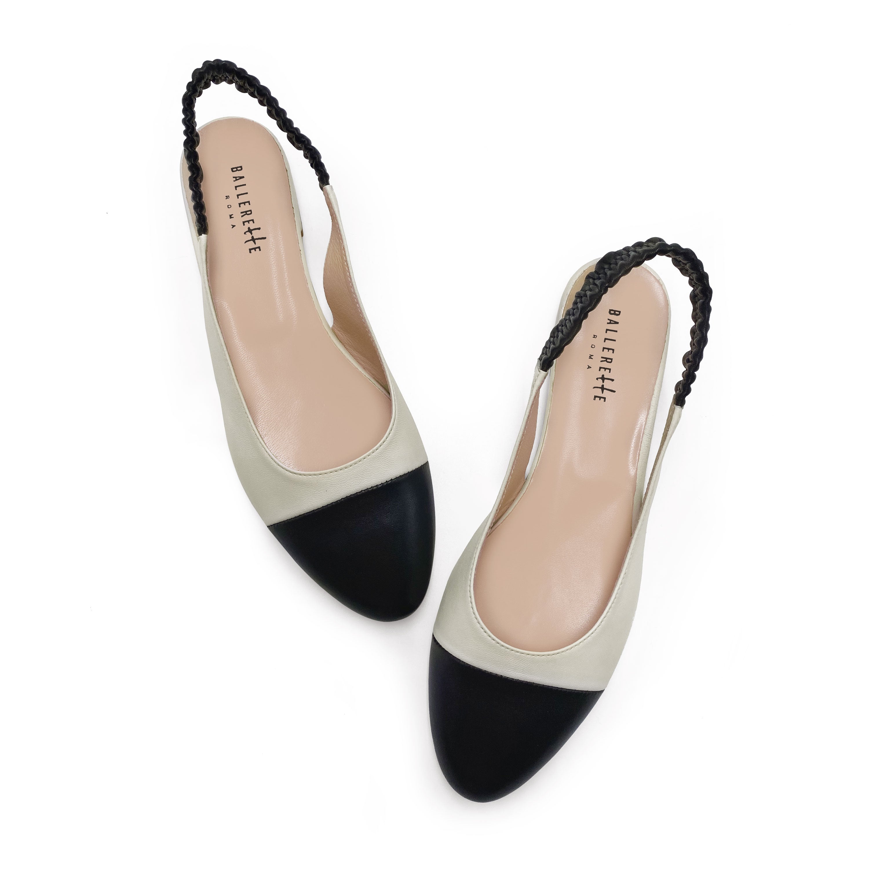 Slingback ballet flats in ivory and black leather