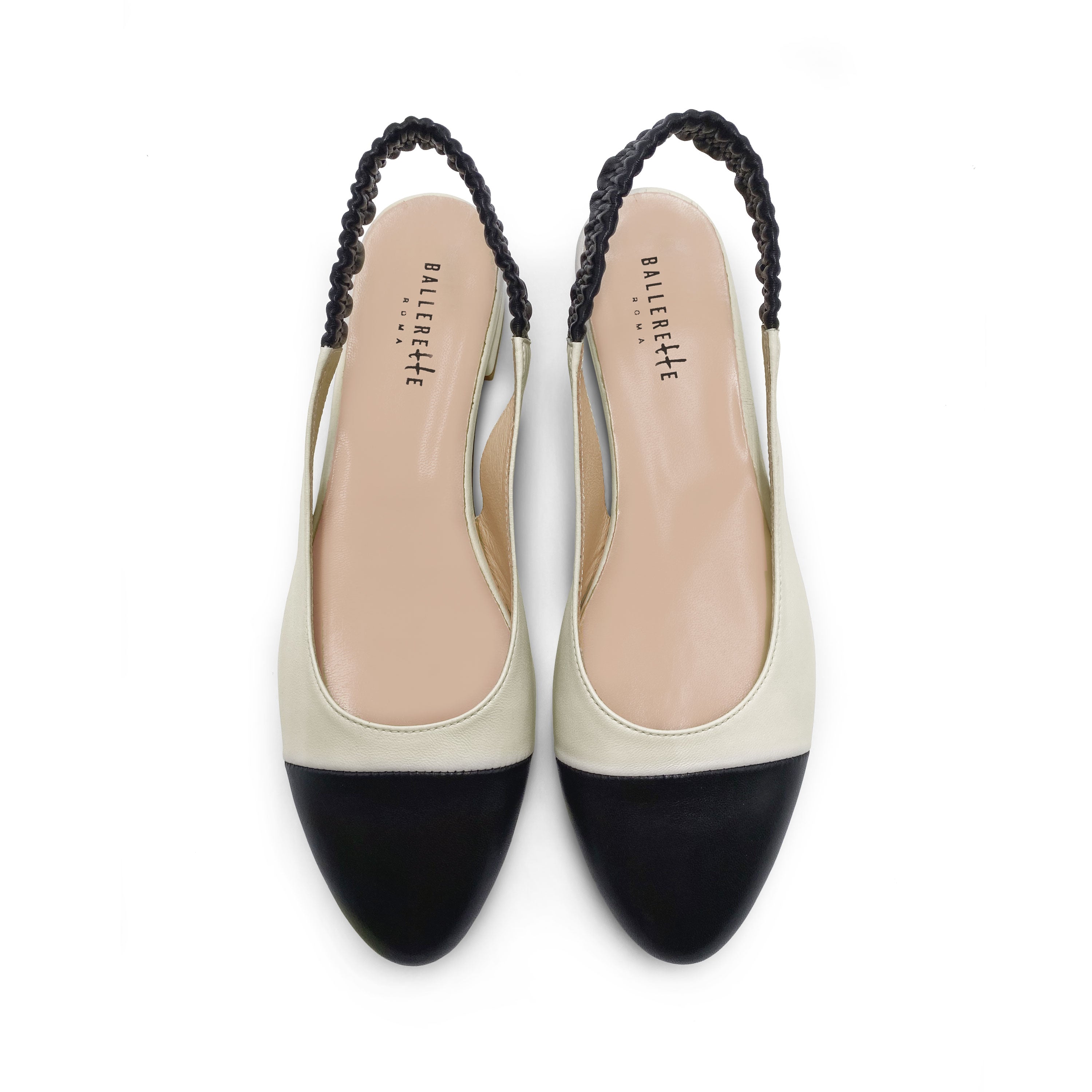 Slingback ballet flats in ivory and black leather