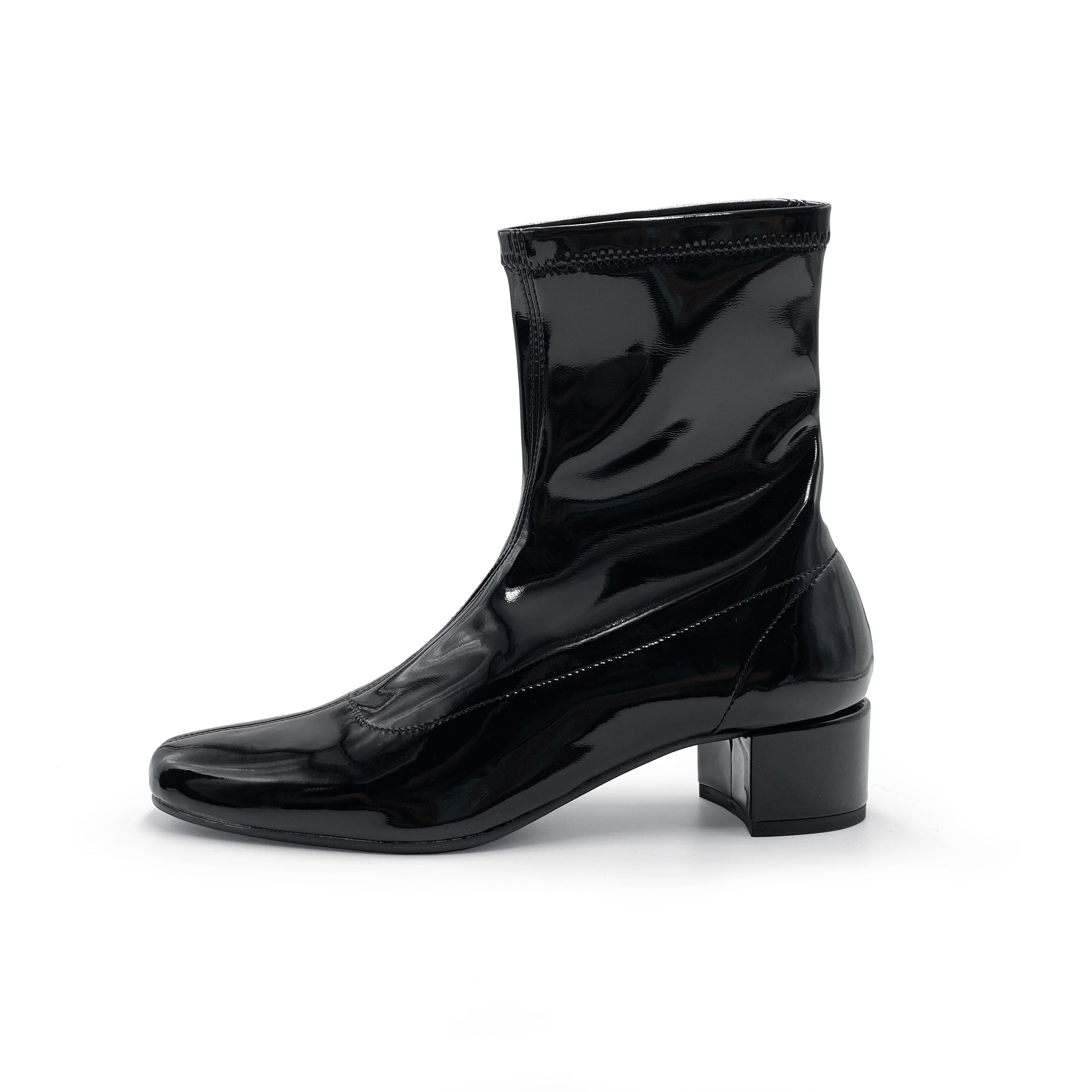 Black patent leather ankle boots with elasticated sock