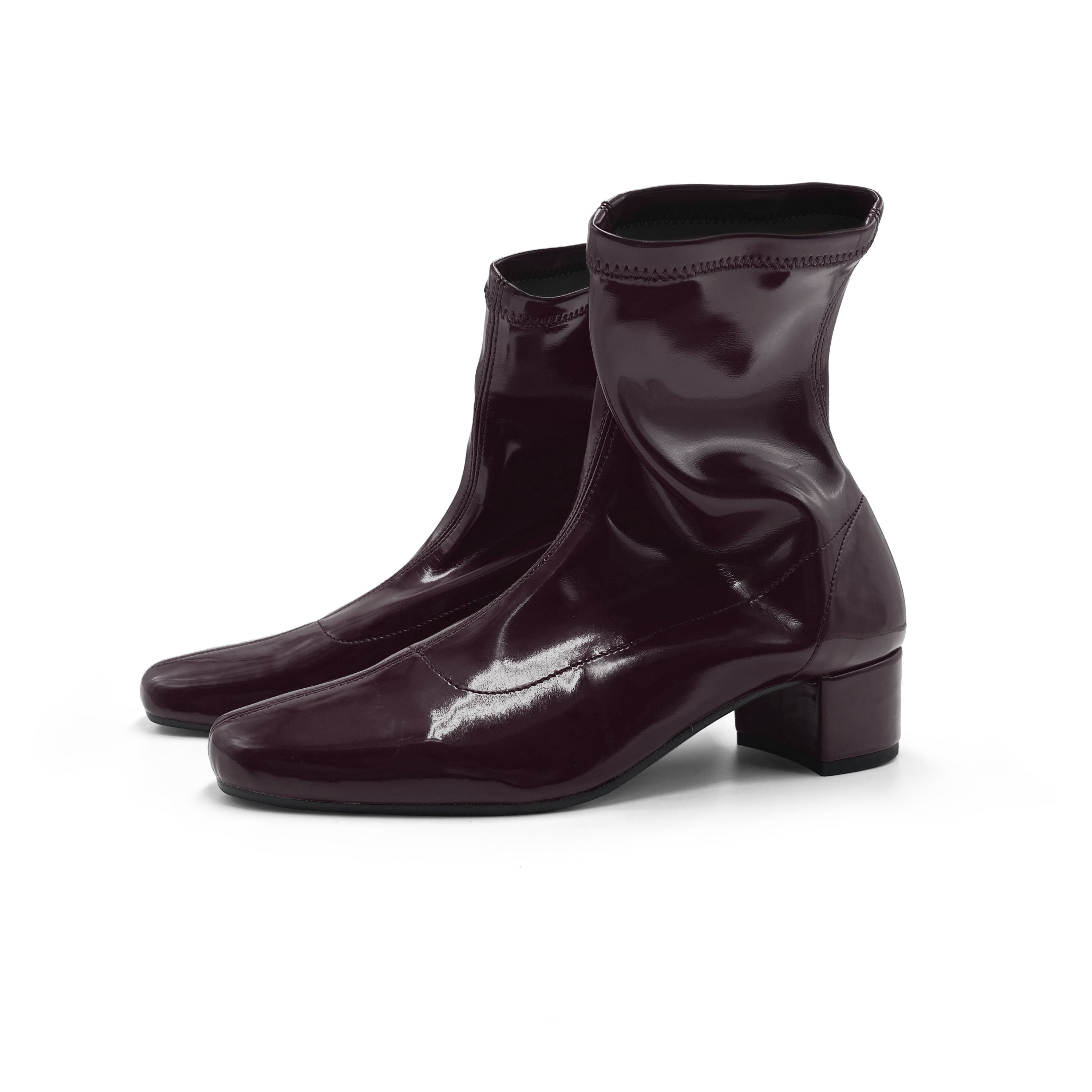 Eggplant patent ankle boots with stretch sock fit