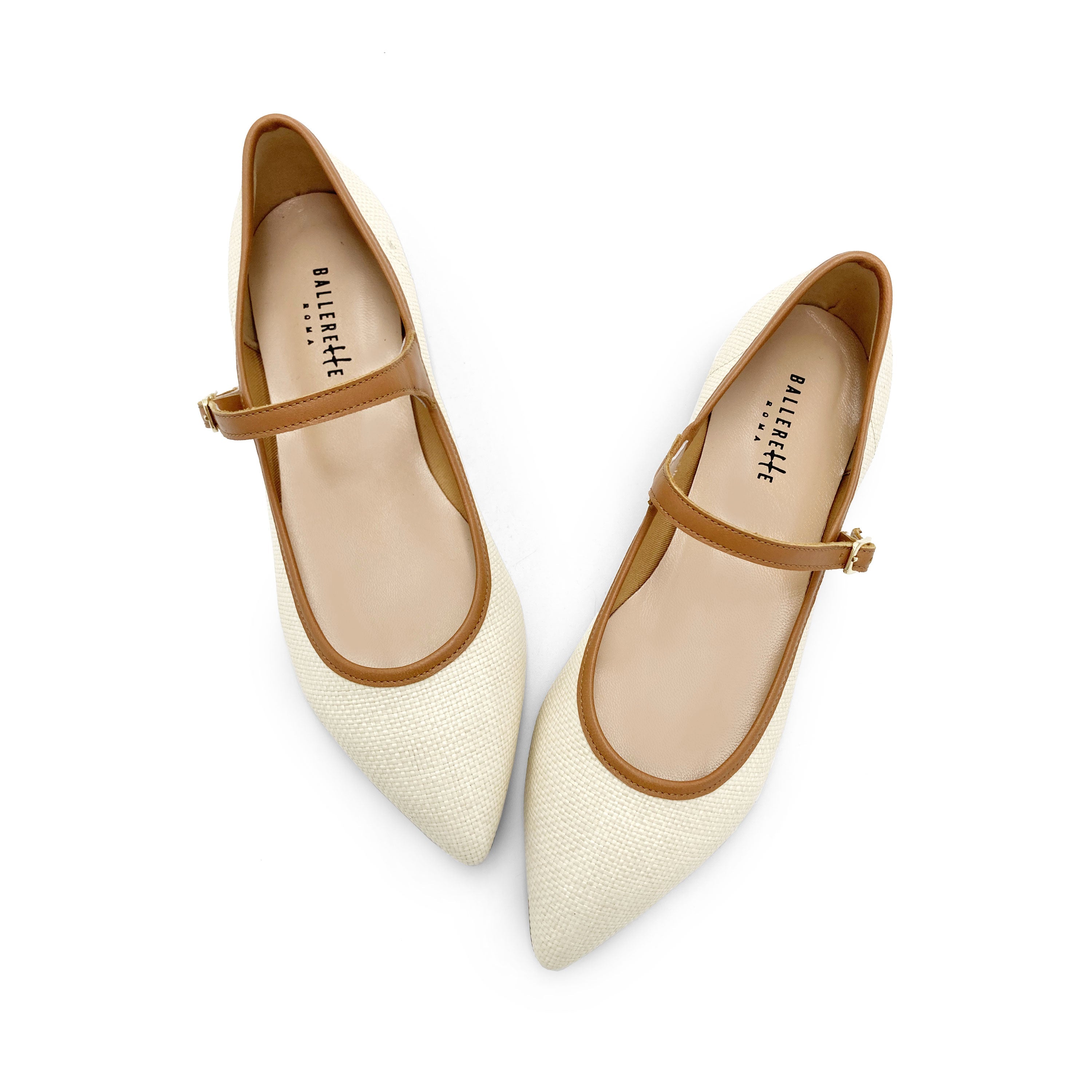 Summer Mary Jane ballet flats in beige raffia with leather strap