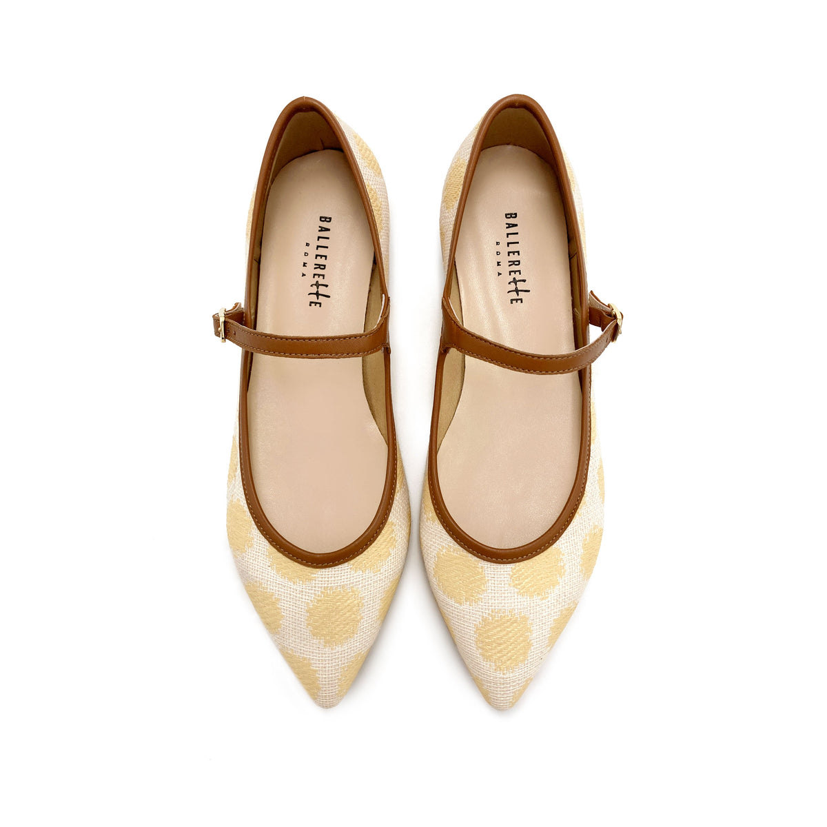 Summer Mary Jane flats in beige polka dot raffia with leather strap
