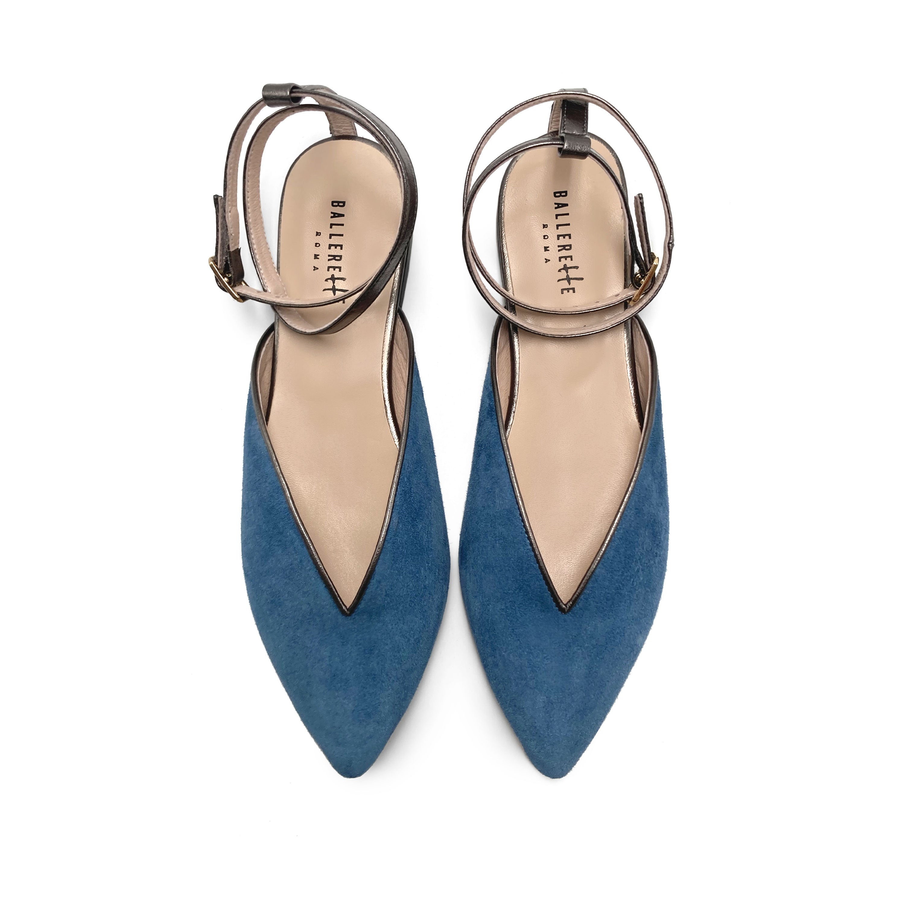 Summer mule shoes in cerulean suede with metallic iron ankle tie