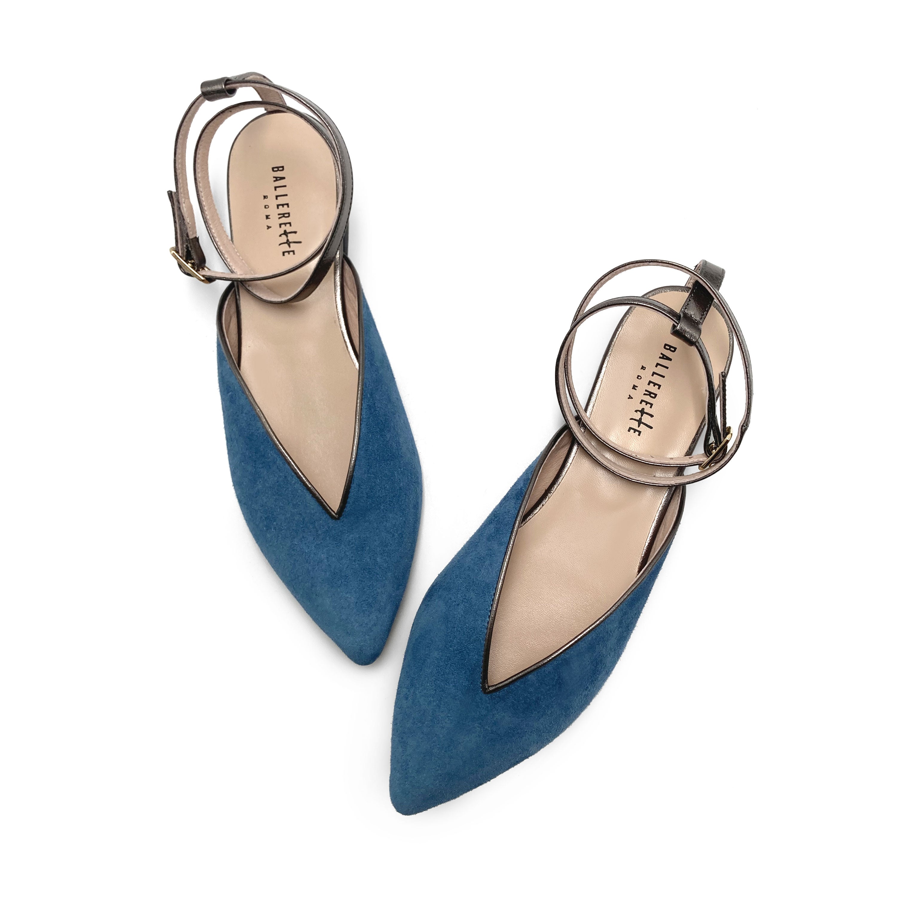 Summer mule shoes in cerulean suede with metallic iron ankle tie