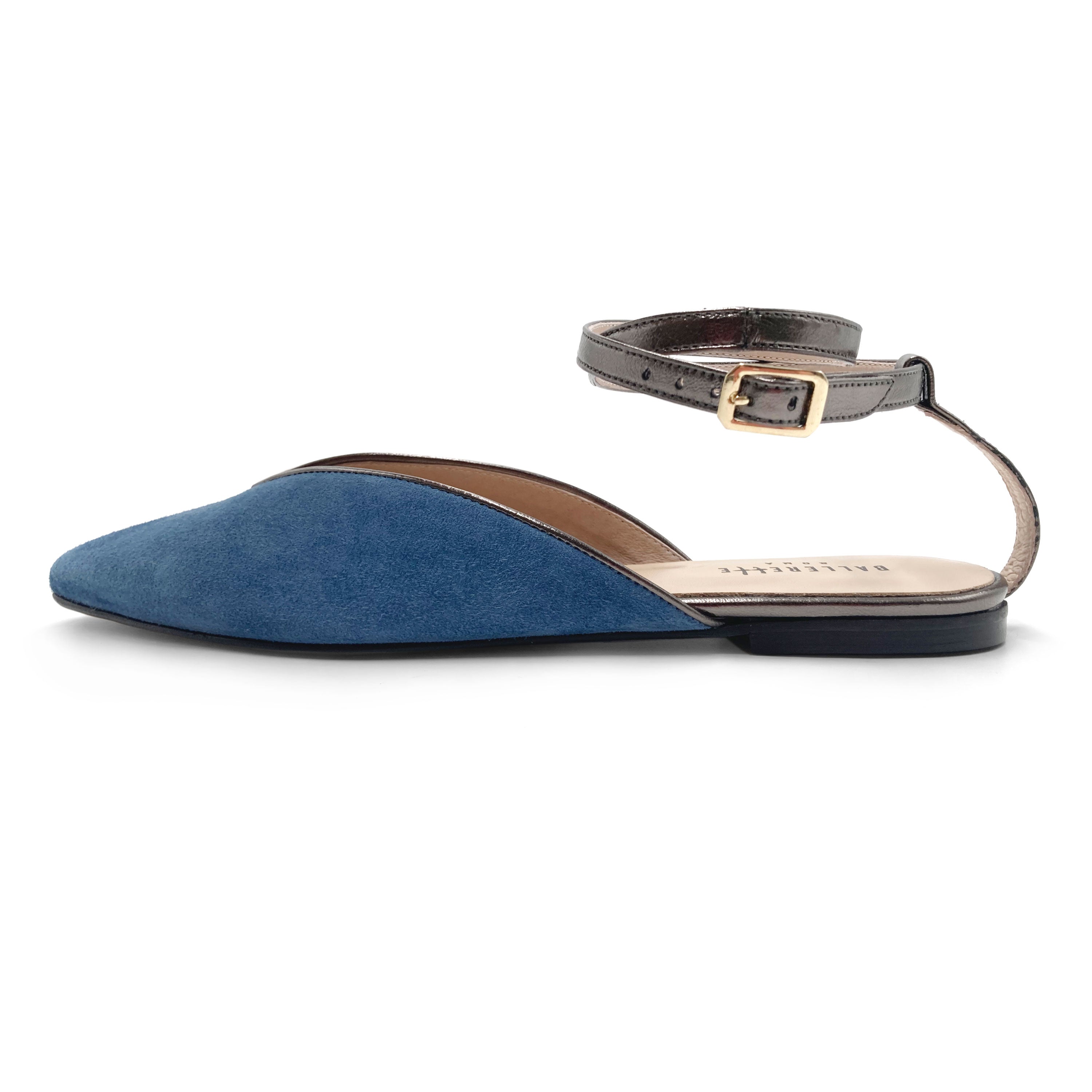 Summer mule shoes in cerulean suede with metallic iron ankle tie