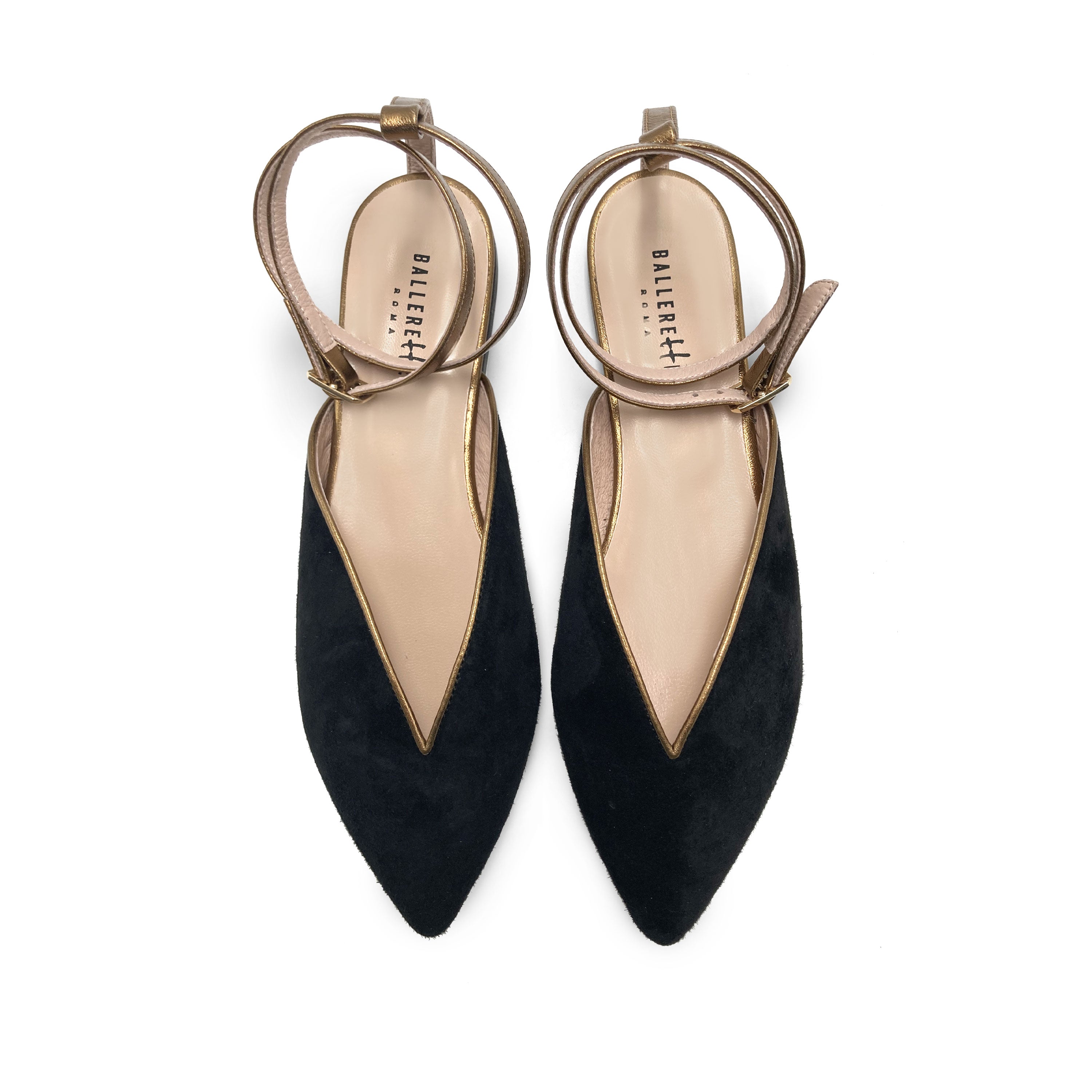 Summer mule shoes in black suede with bronze ankle tie