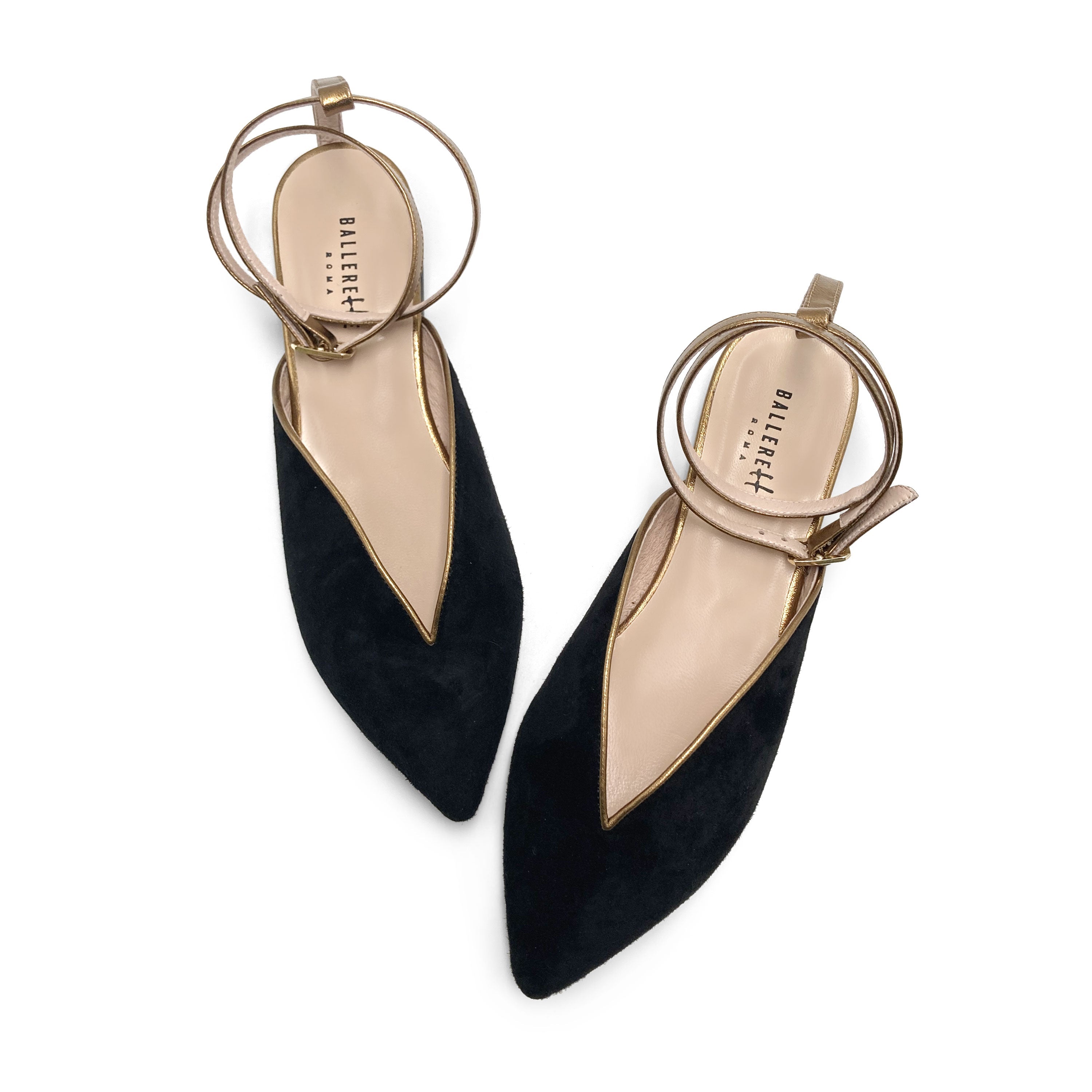 Summer mule shoes in black suede with bronze ankle tie