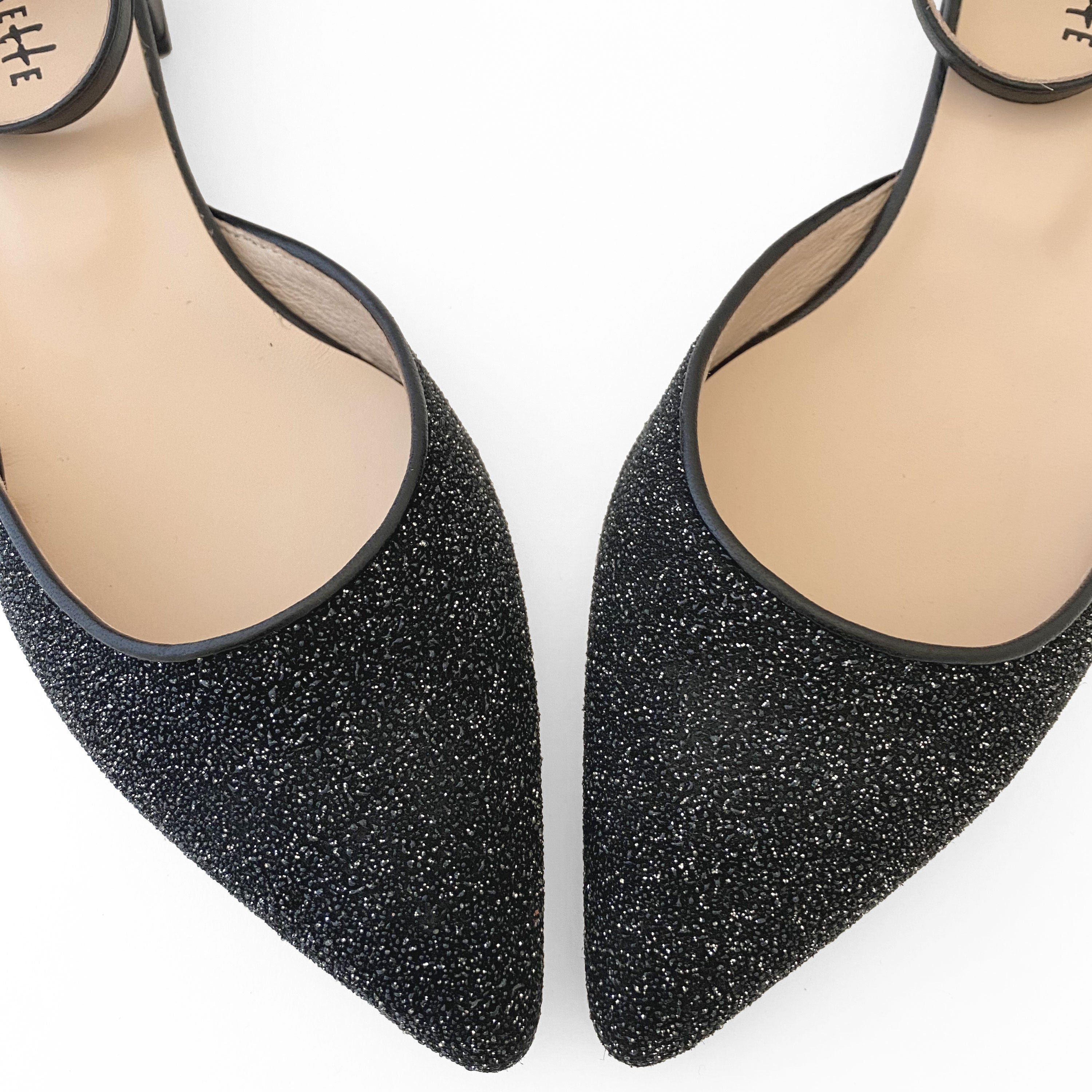 Black laminate suede sabot with ankle strap