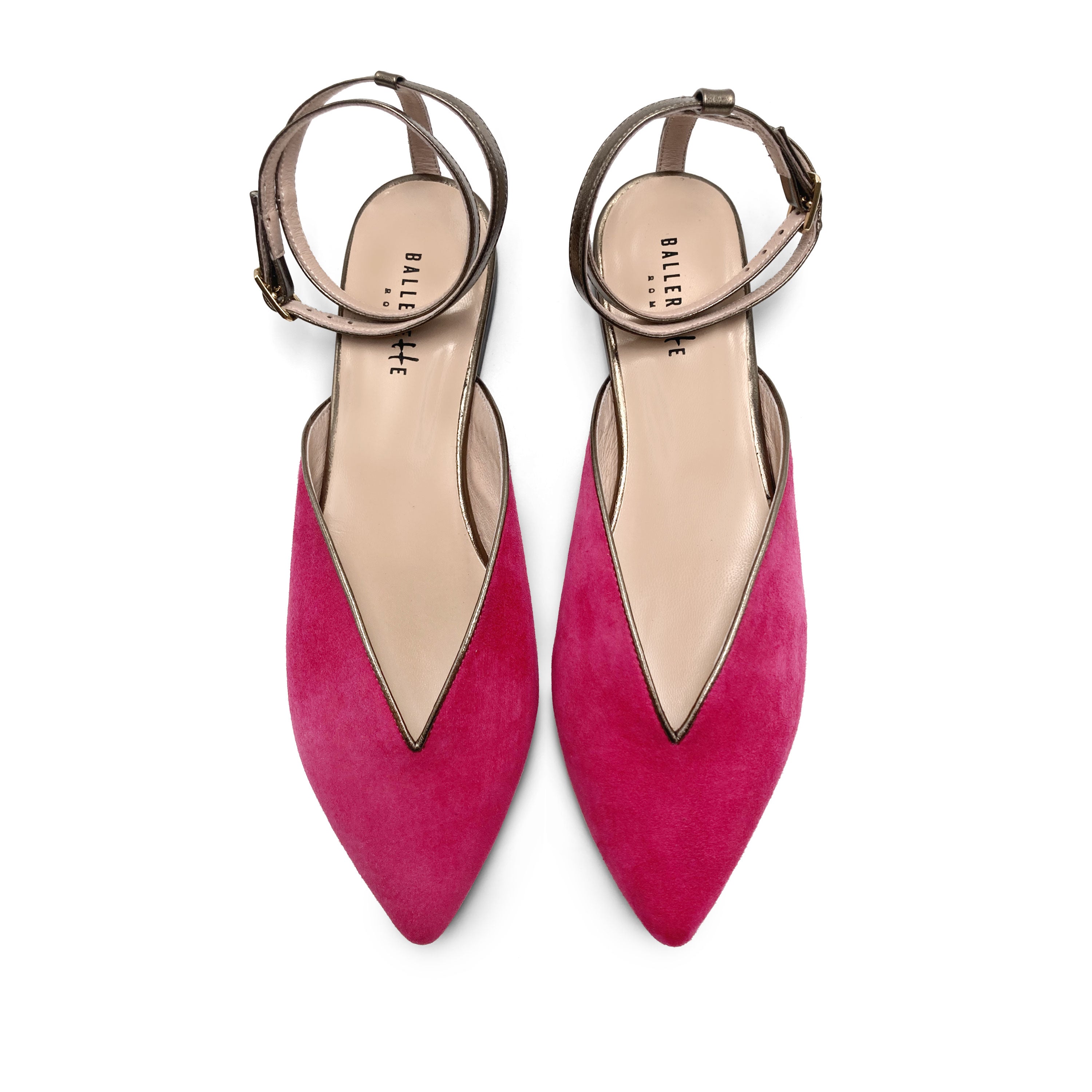 Summer mule shoes in fuchsia suede with gunmetal ankle tie