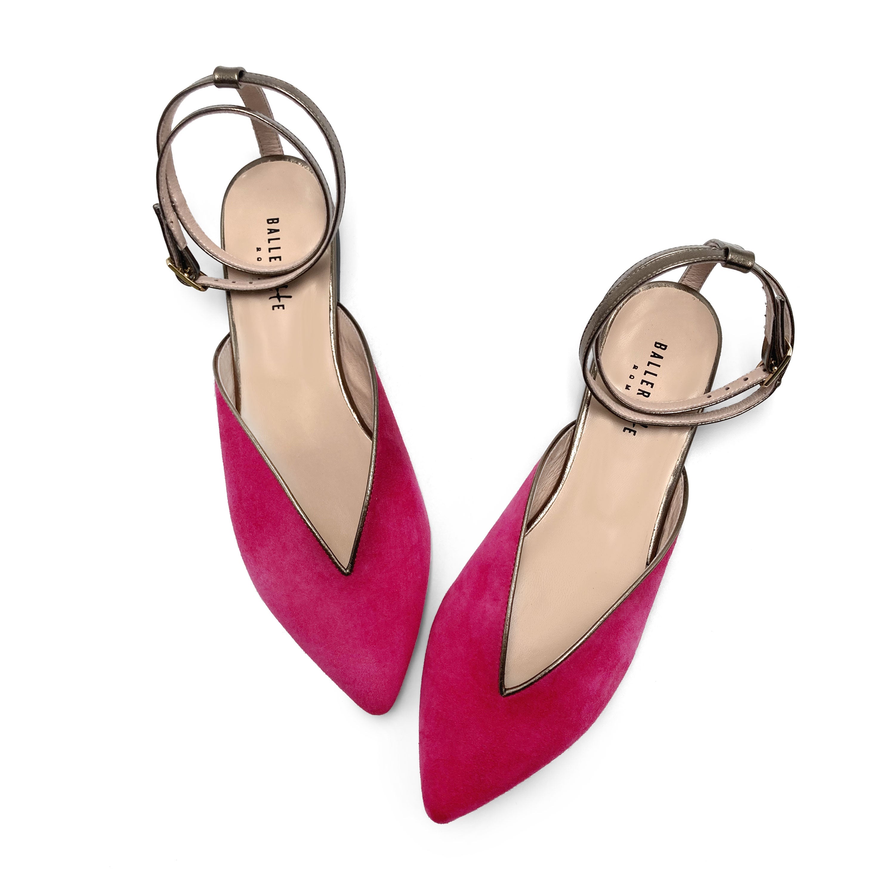 Summer mule shoes in fuchsia suede with gunmetal ankle tie