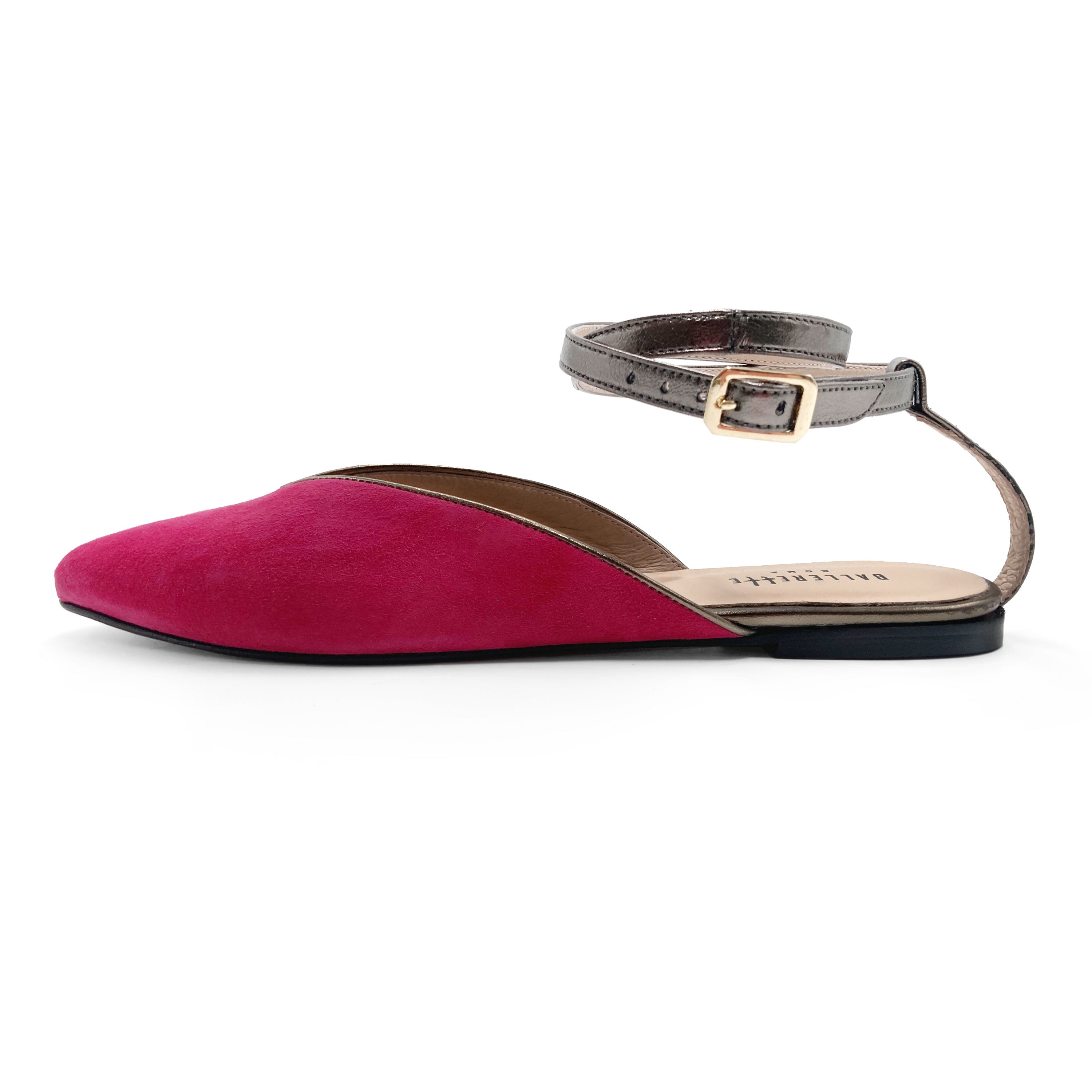 Summer mule shoes in fuchsia suede with gunmetal ankle tie
