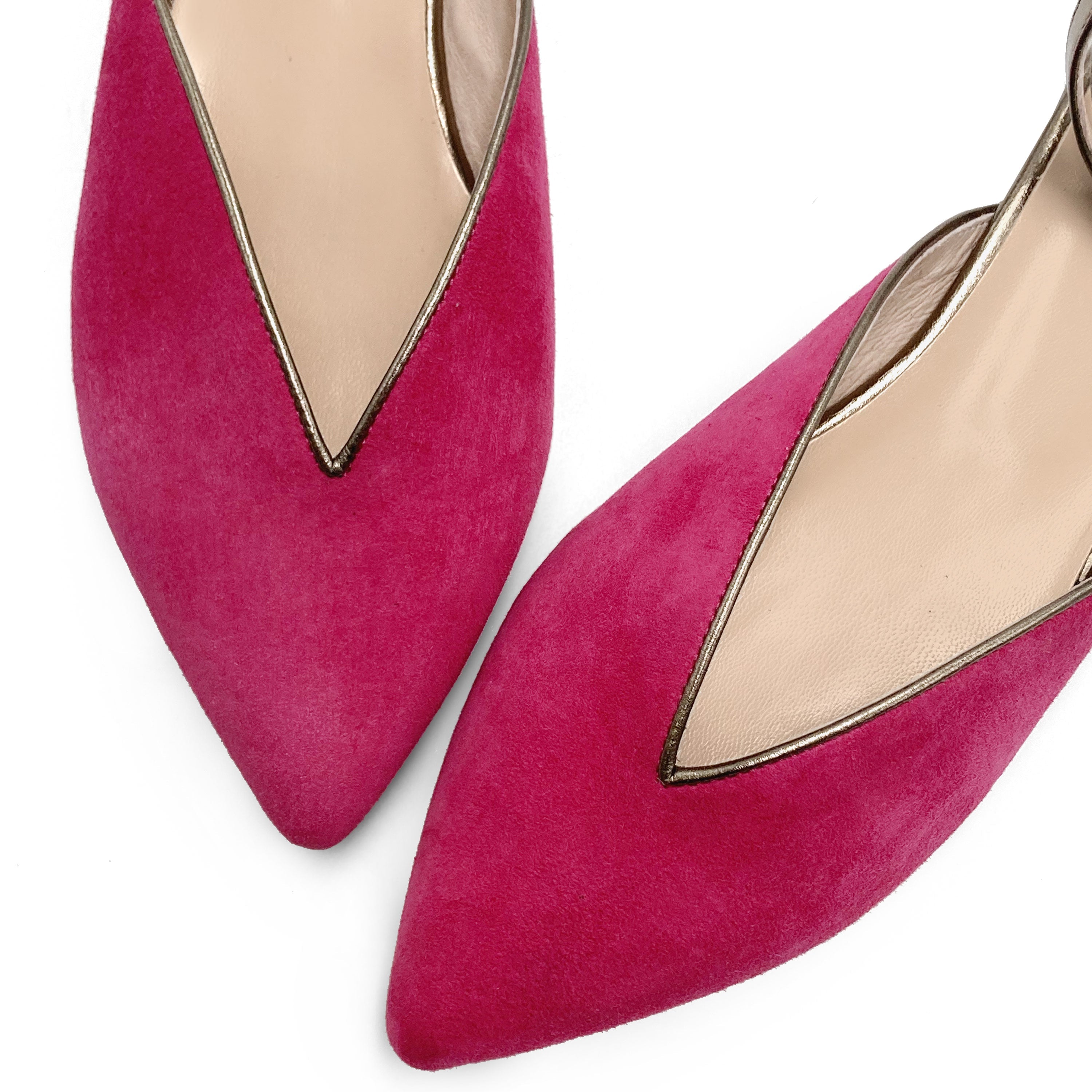 Summer mule shoes in fuchsia suede with gunmetal ankle tie