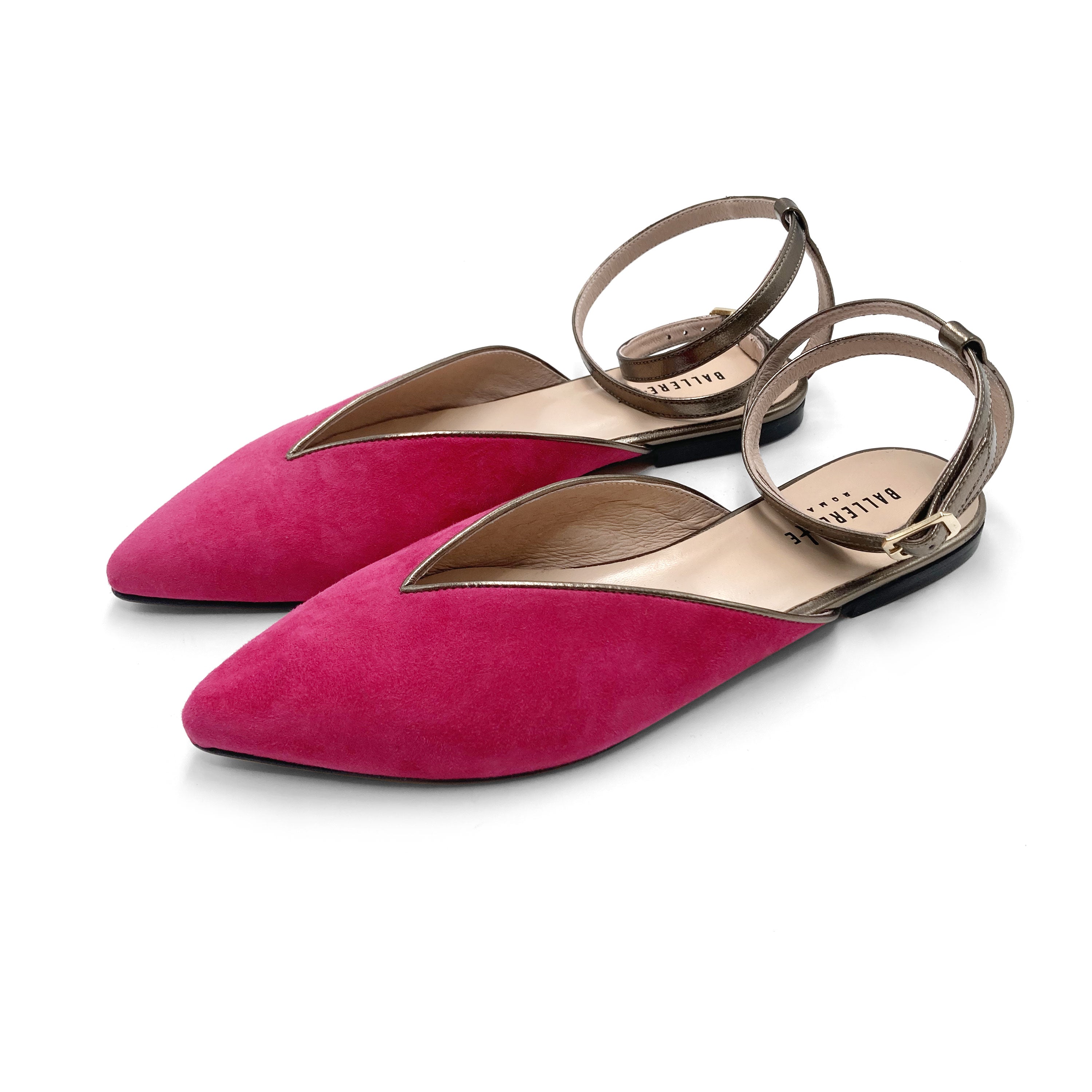 Summer mule shoes in fuchsia suede with gunmetal ankle tie