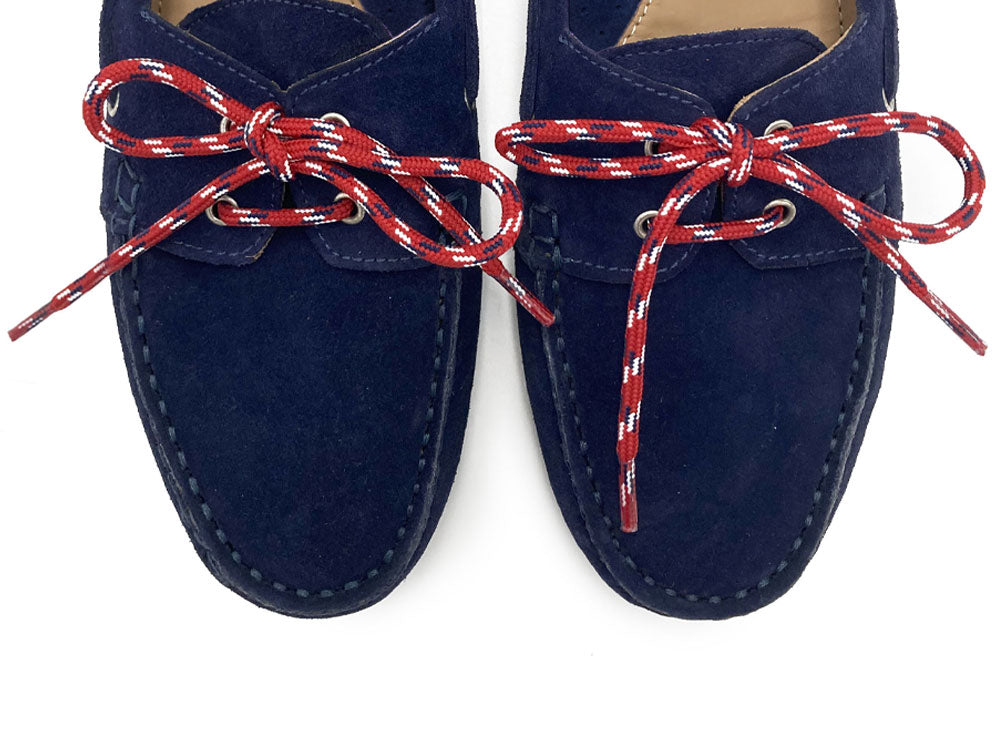 Women’s summer boat moccasins in blue suede with nautical lace
