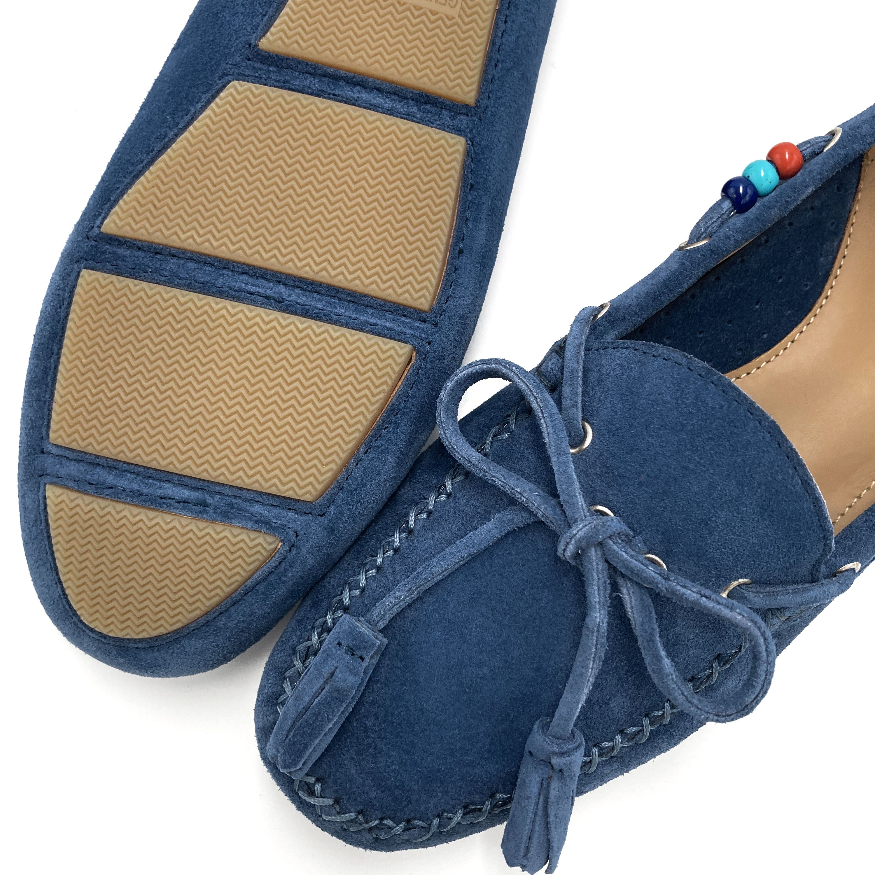 Women’s denim blue moccasins with beads