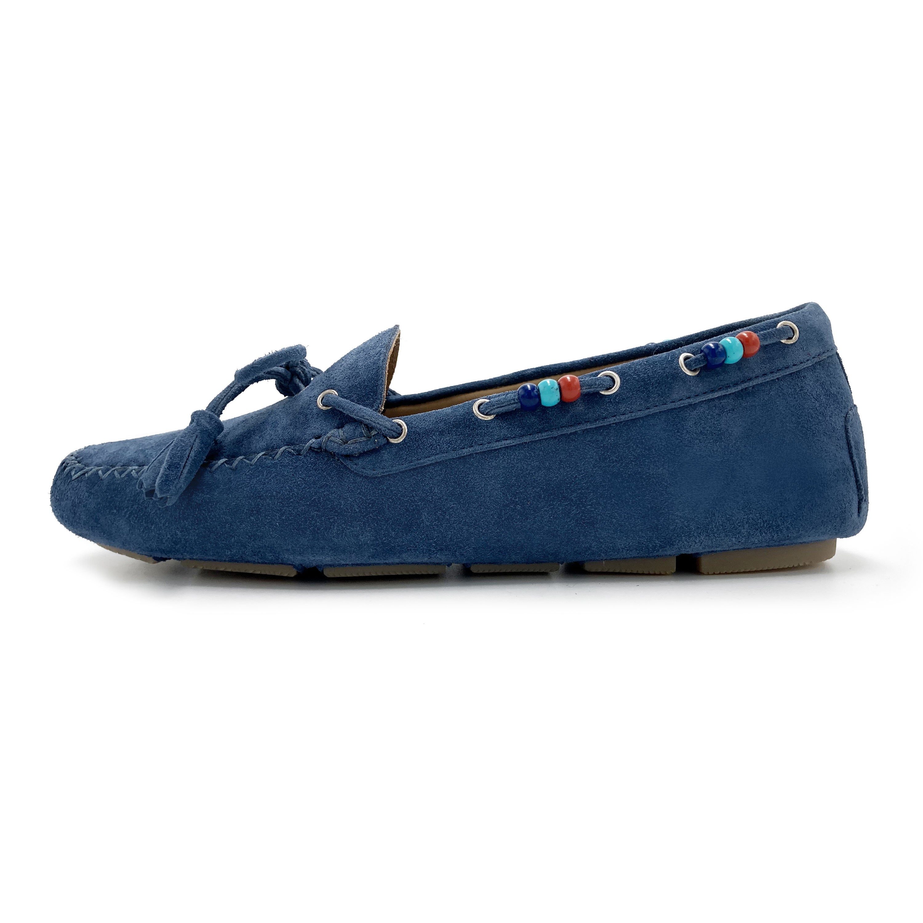 Women’s denim blue moccasins with beads
