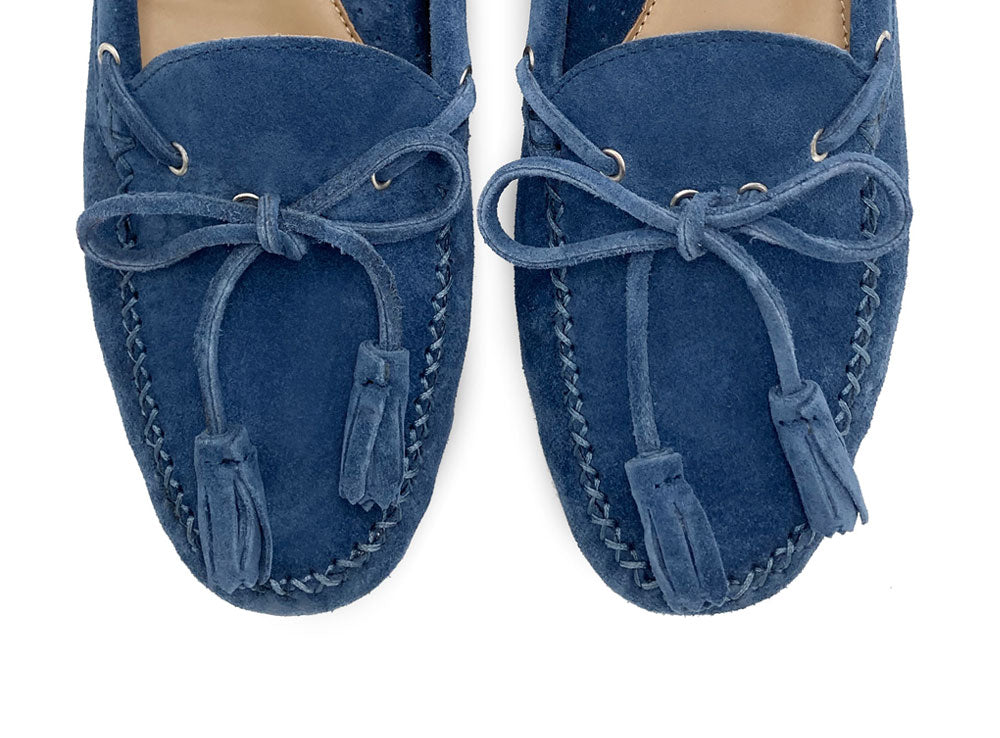 Women’s denim blue moccasins with beads
