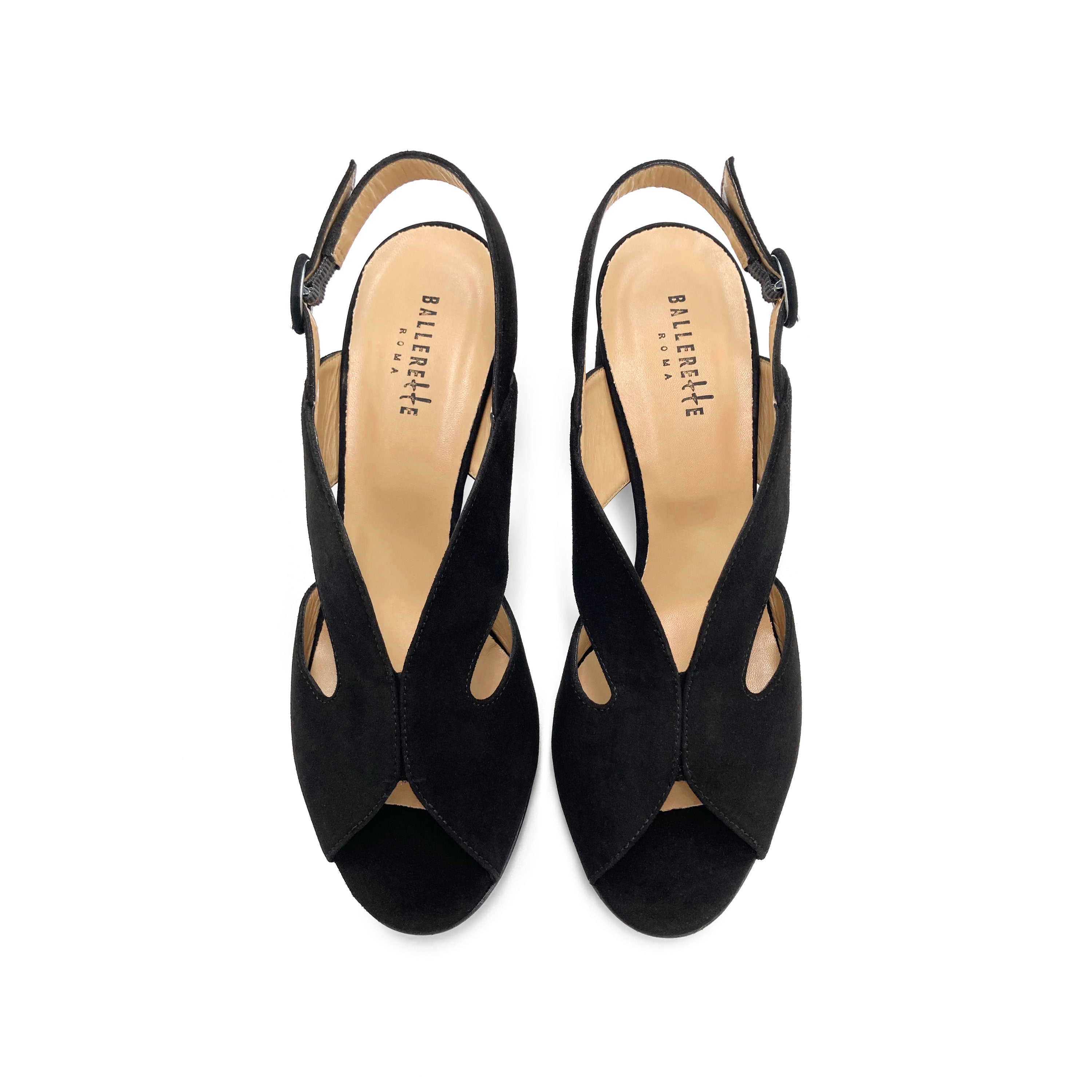 Black suede slingback open toe heeled shoes