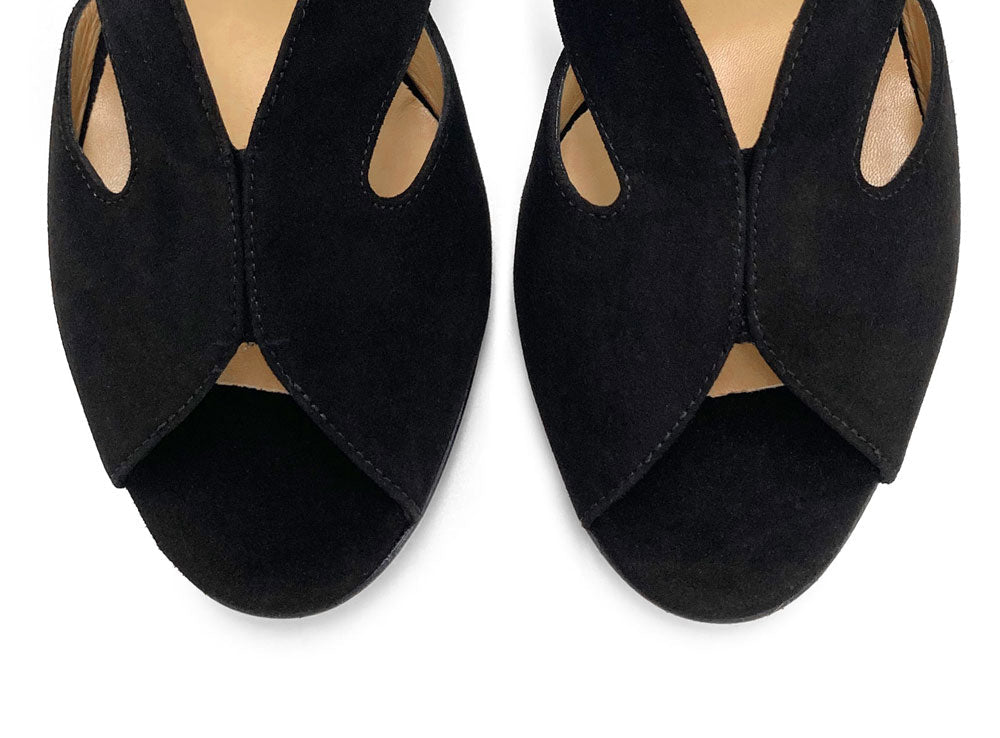 Black suede slingback open toe heeled shoes