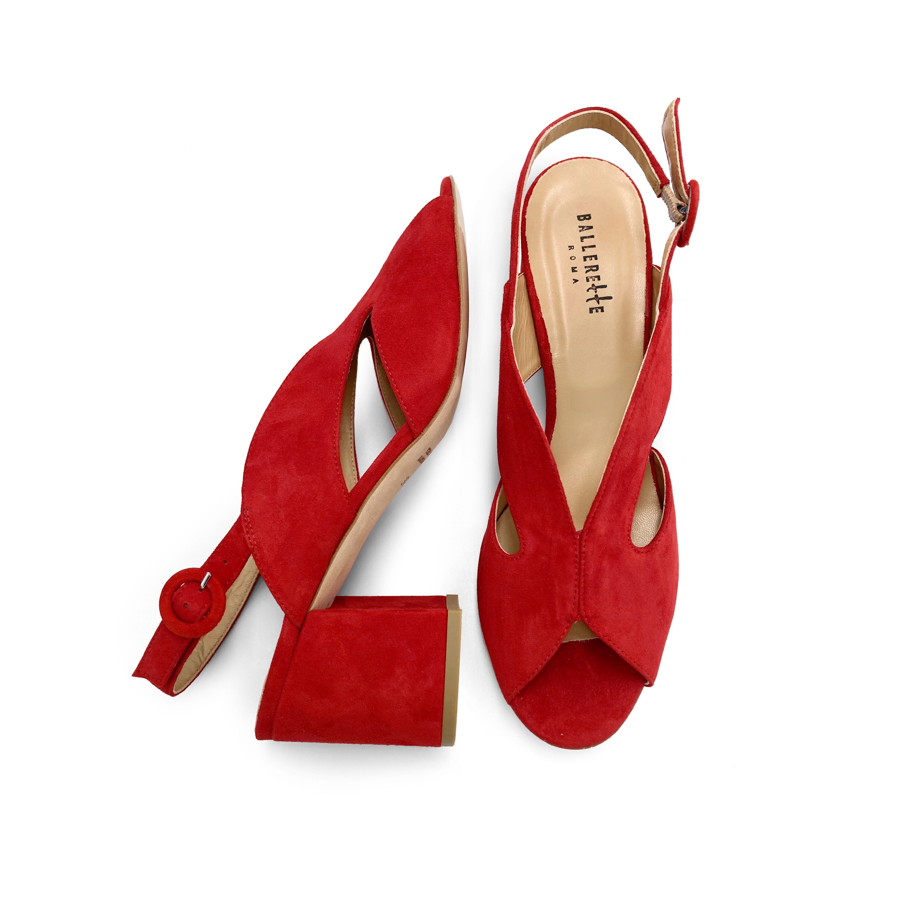 Red suede slingback open toe heeled shoes