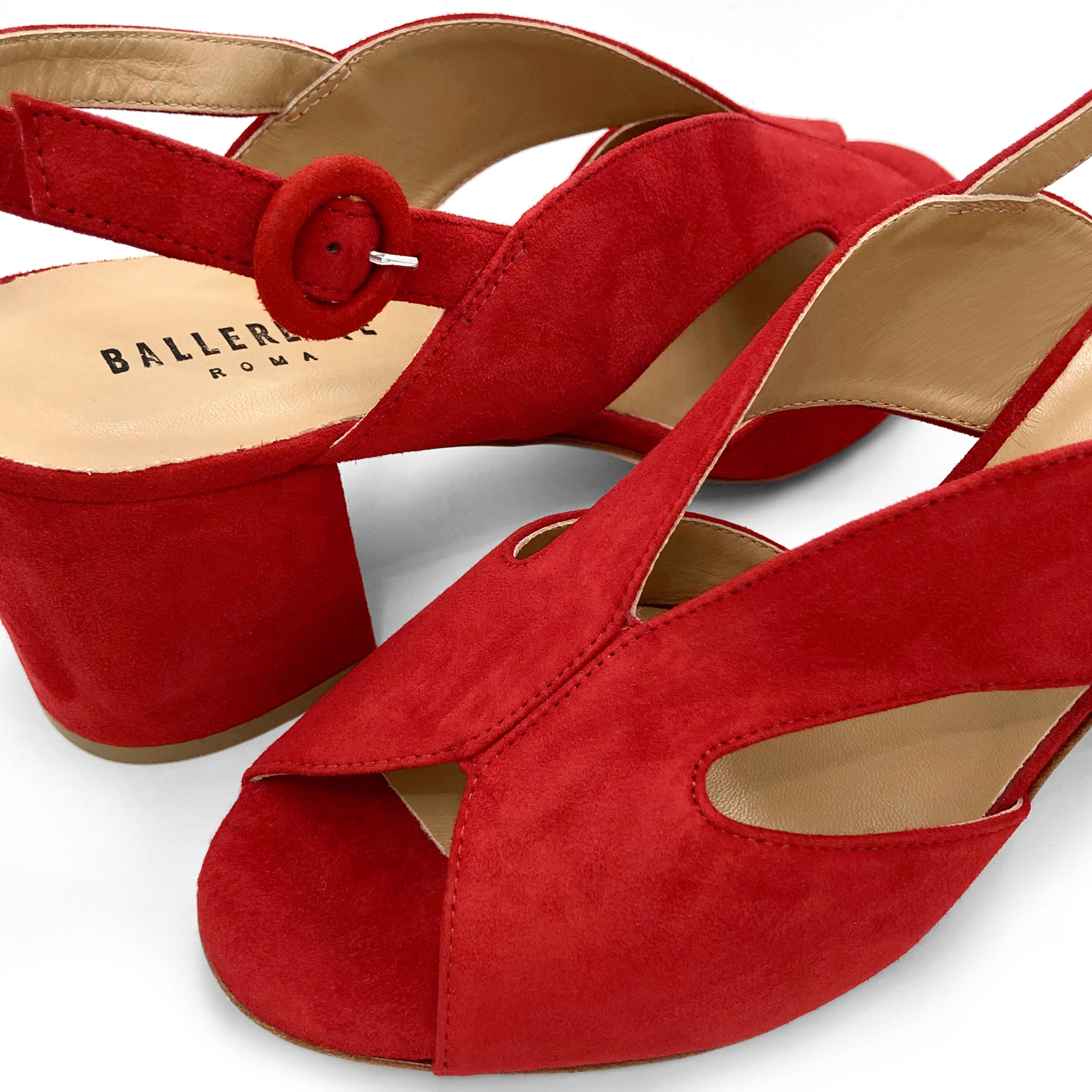 Red suede slingback open toe heeled shoes