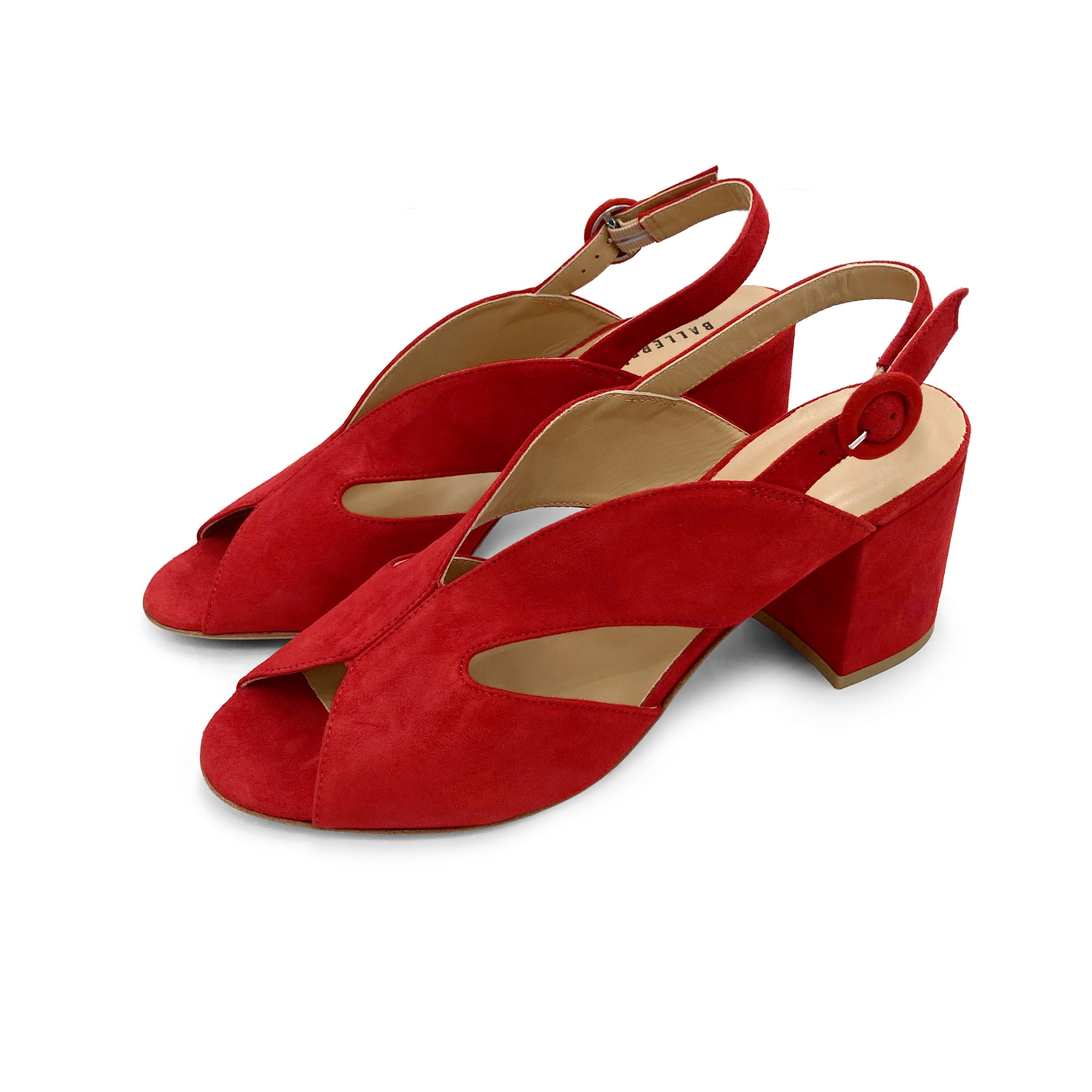Red suede slingback open toe heeled shoes