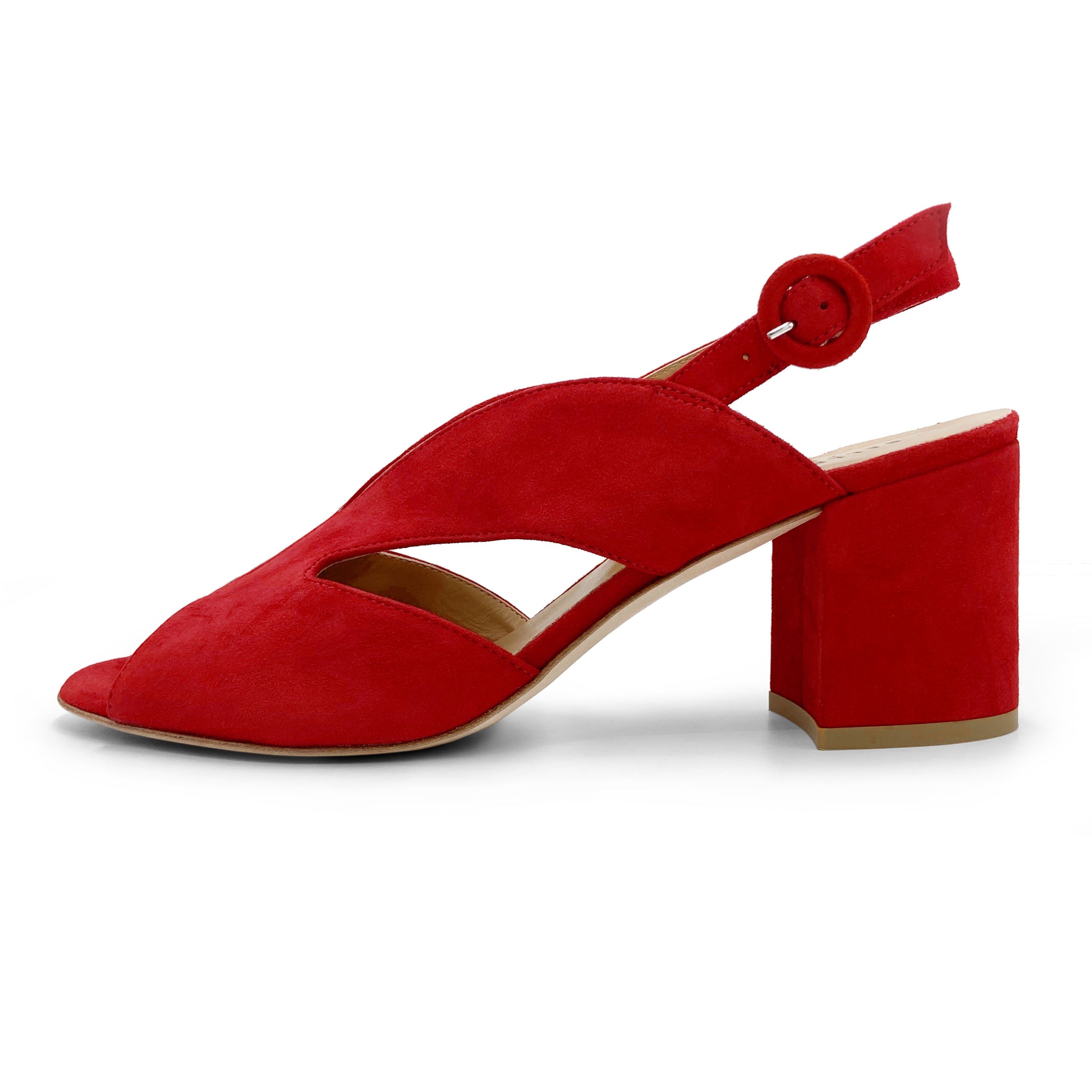 Red suede slingback open toe heeled shoes