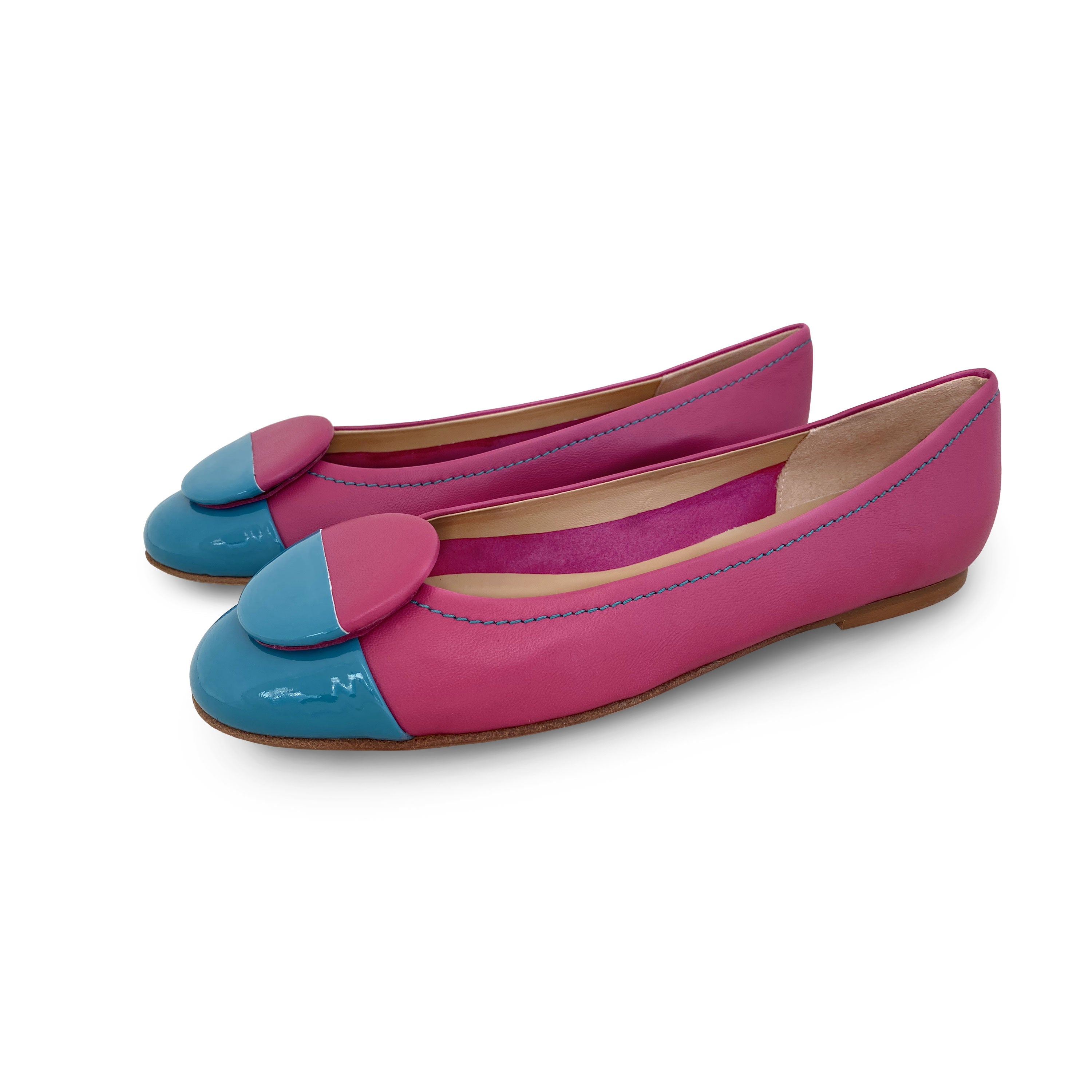 Fuchsia leather ballet flats with teal patent leather toe and stud