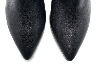 Black leather pointed-toe ankle boots with hidden internal platform