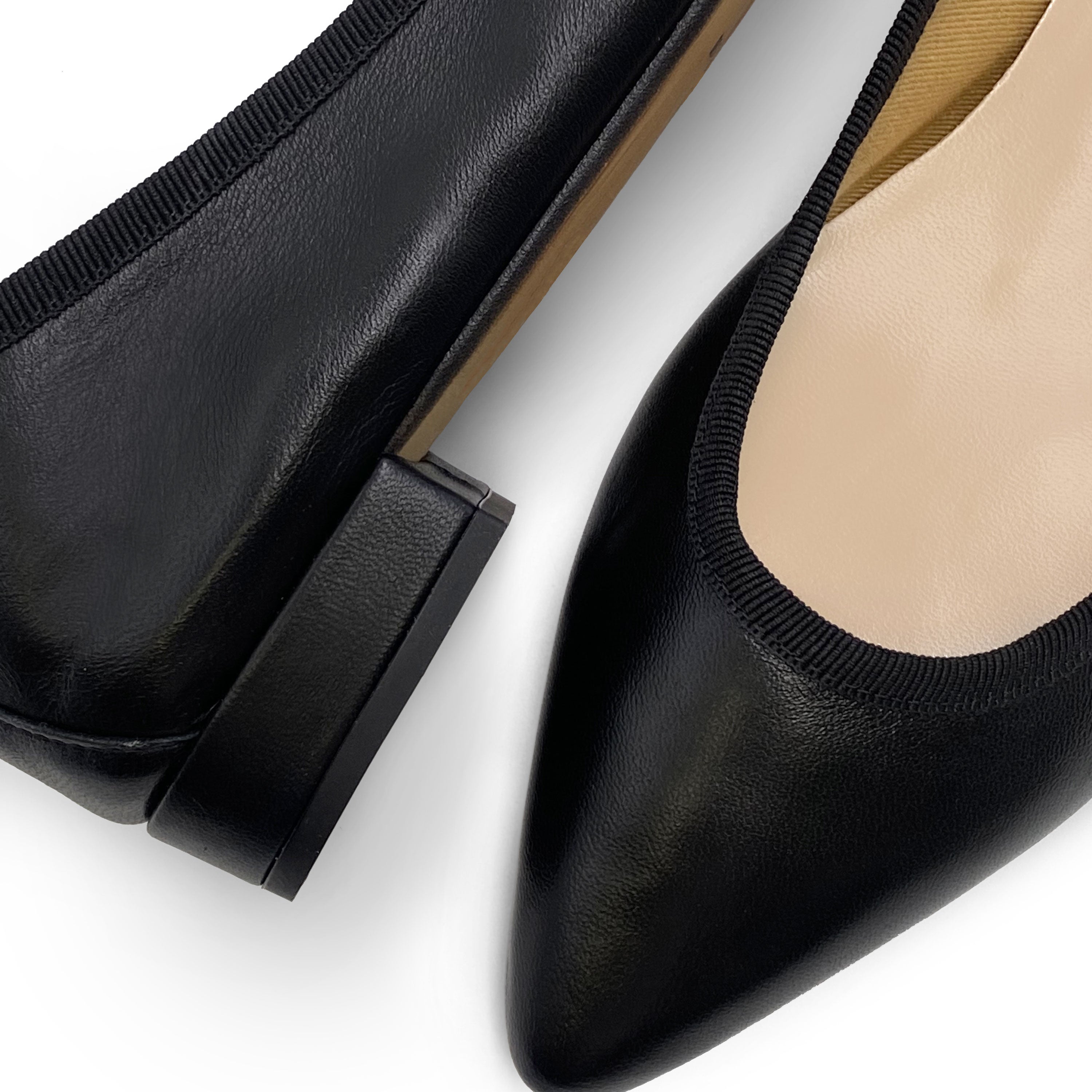 Pointed toe black leather ballet flats