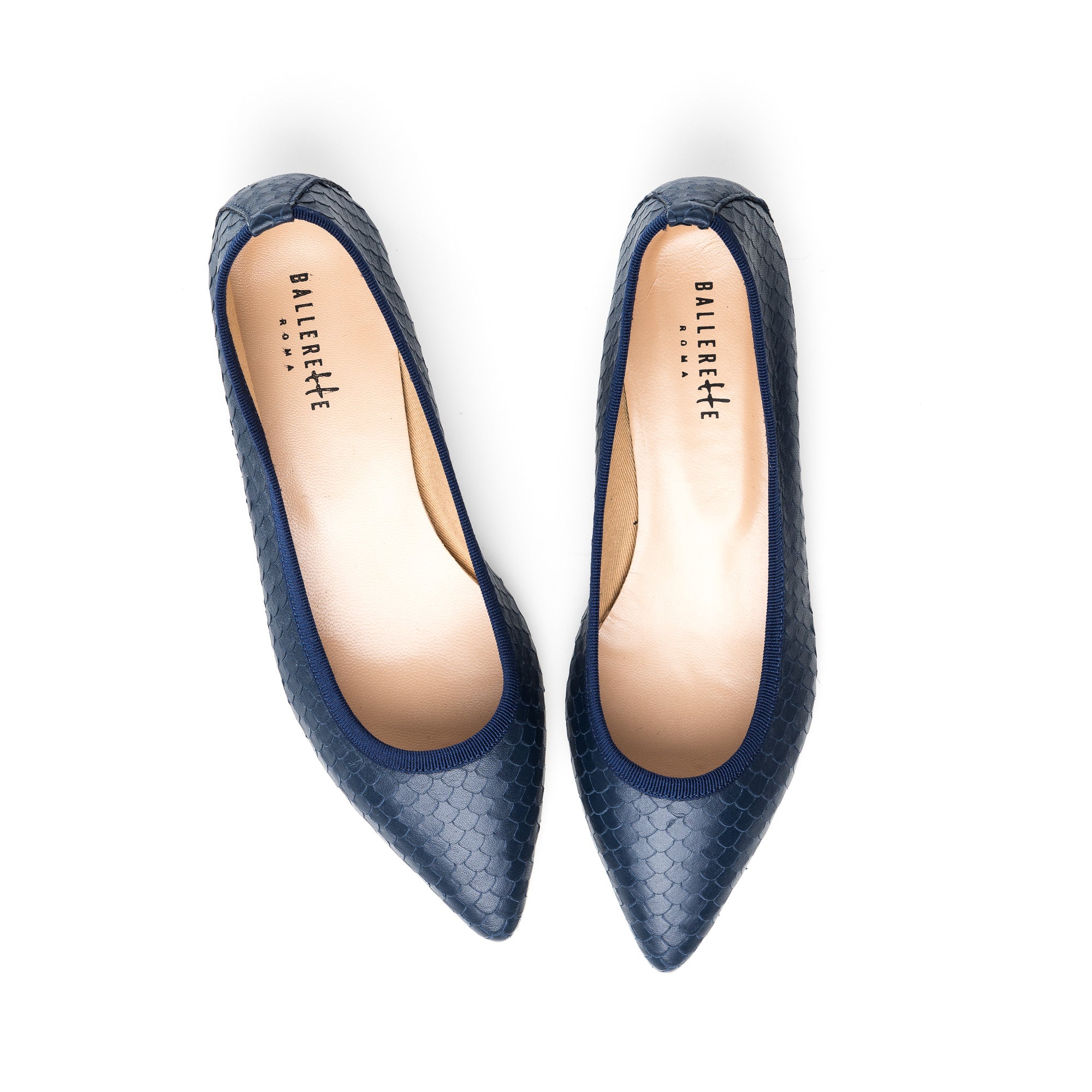 Pointed toe ballet flats blue cobra effect leather