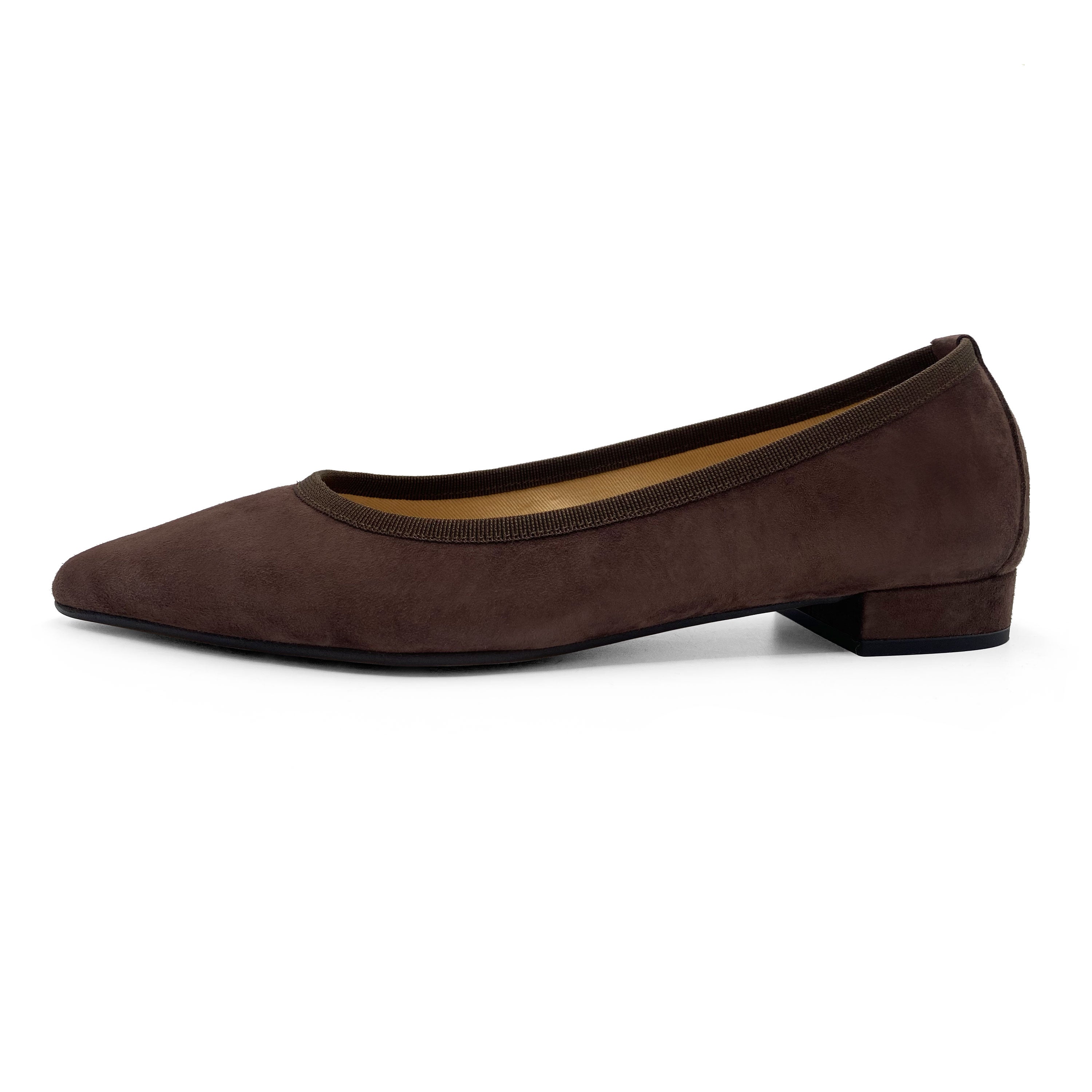 Pointed toe dark brown suede ballet flats