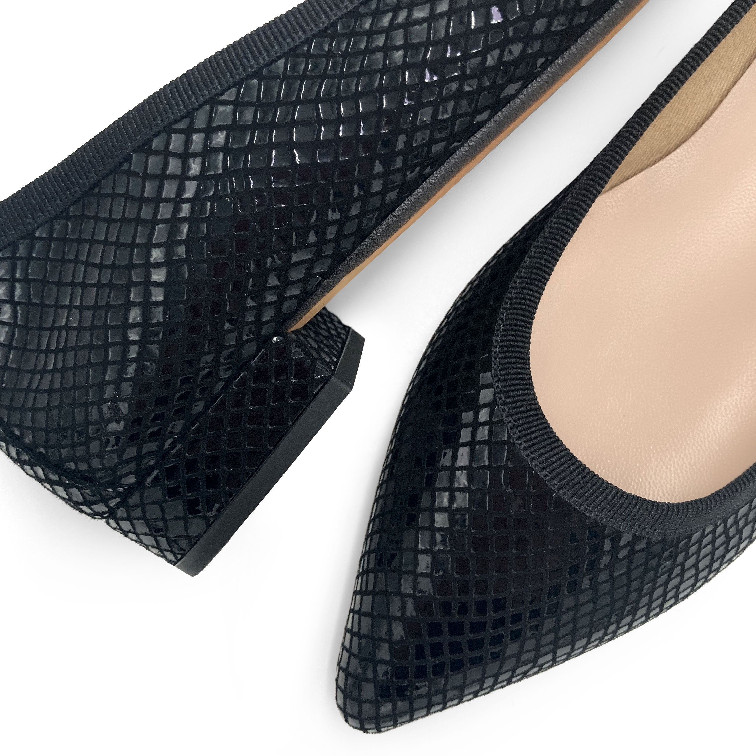 Black laminated suede pointed toe ballet flats