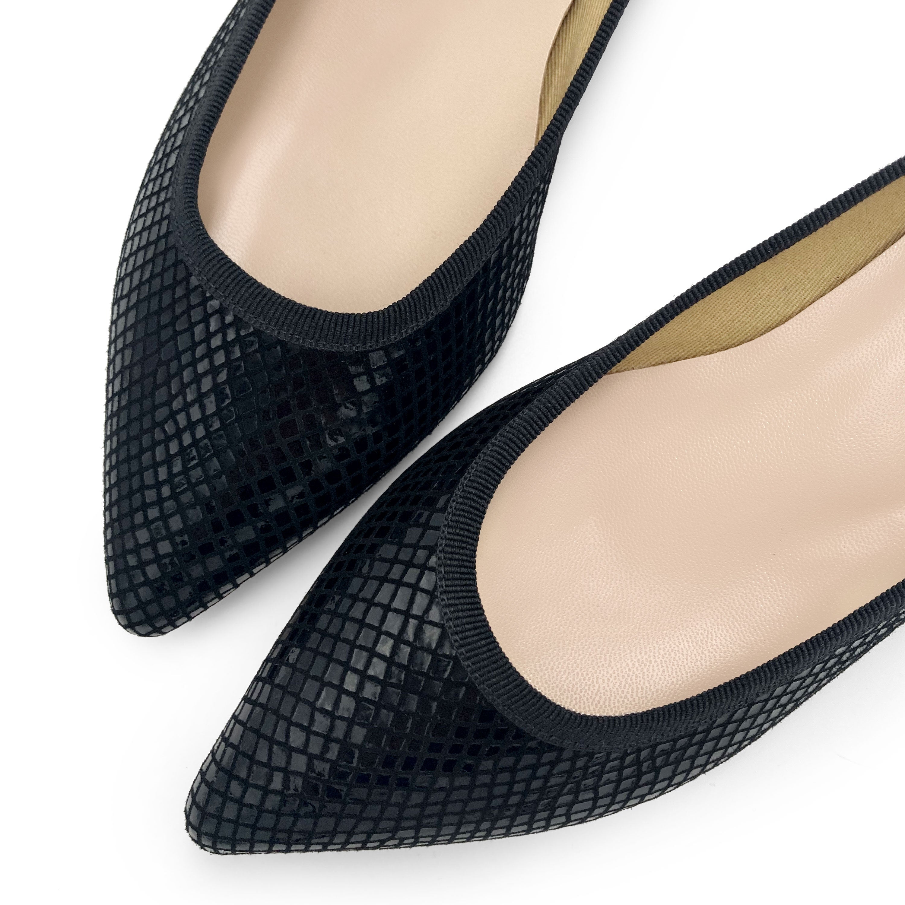 Black laminated suede pointed toe ballet flats