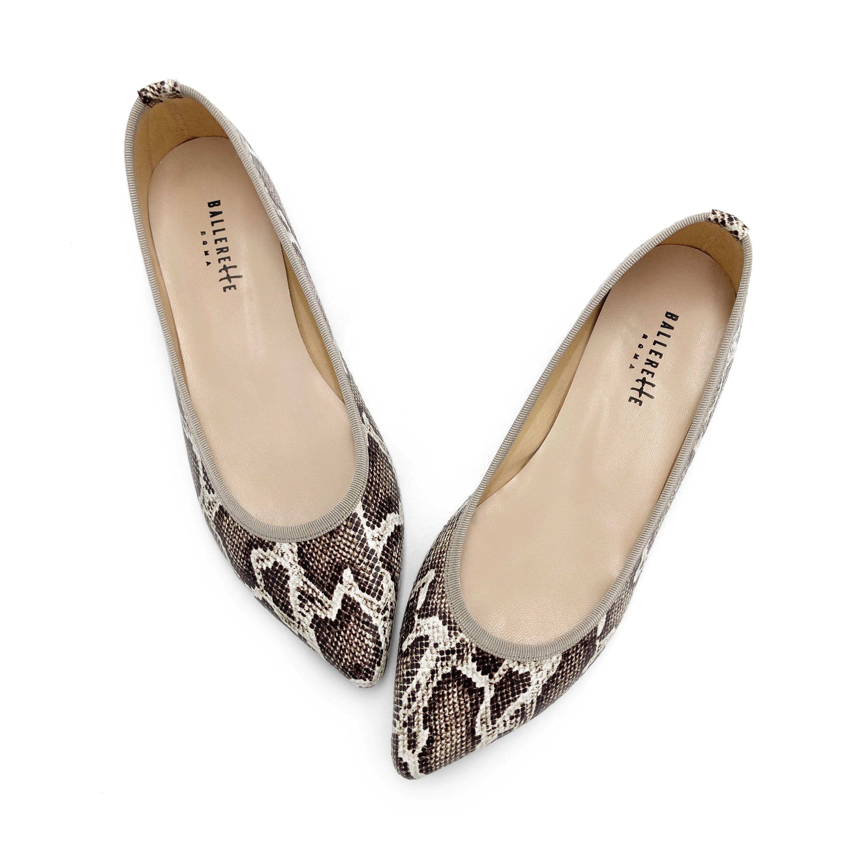 Pointed-toe animal print python-effect leather ballet flats