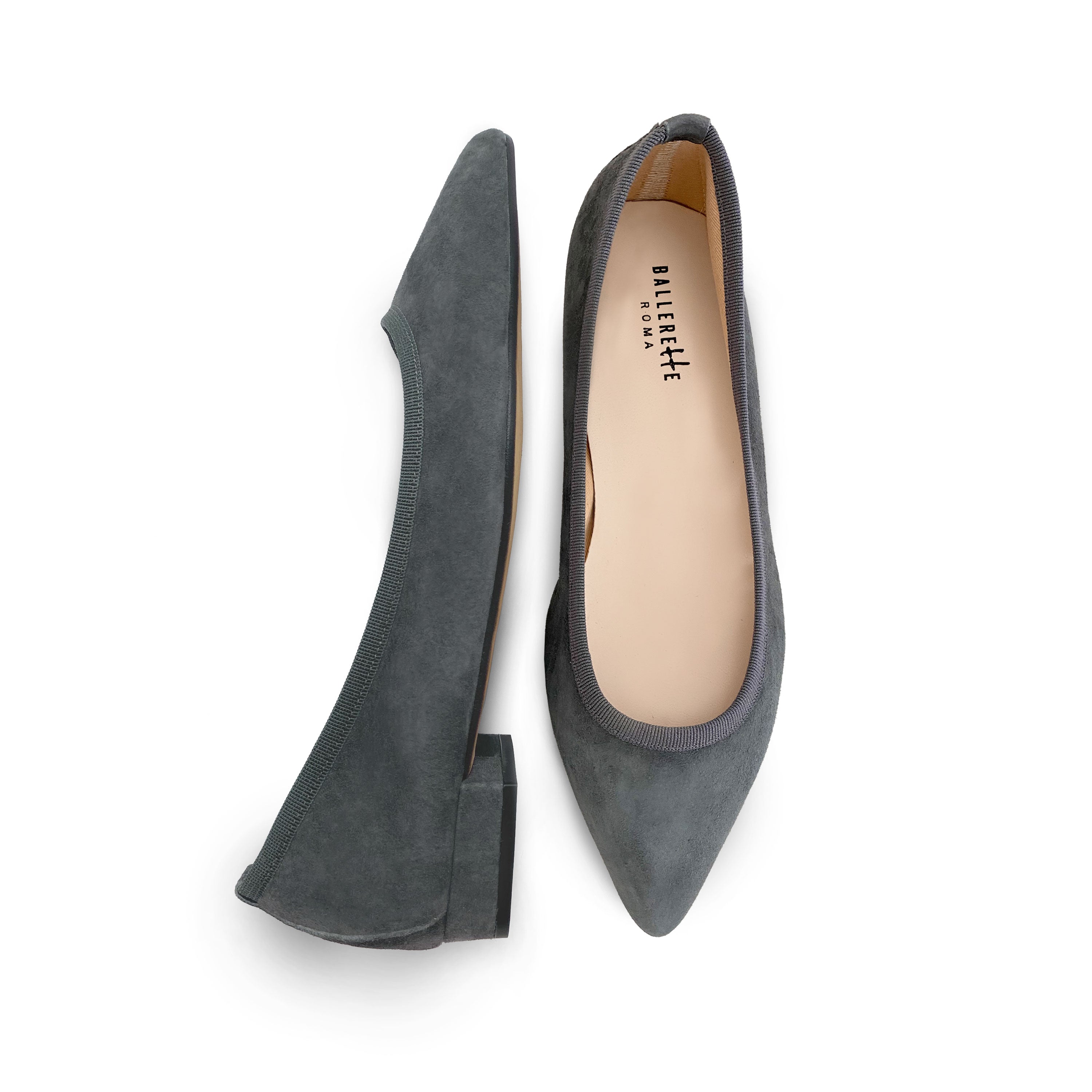 Pointed toe dark gray suede ballet flats