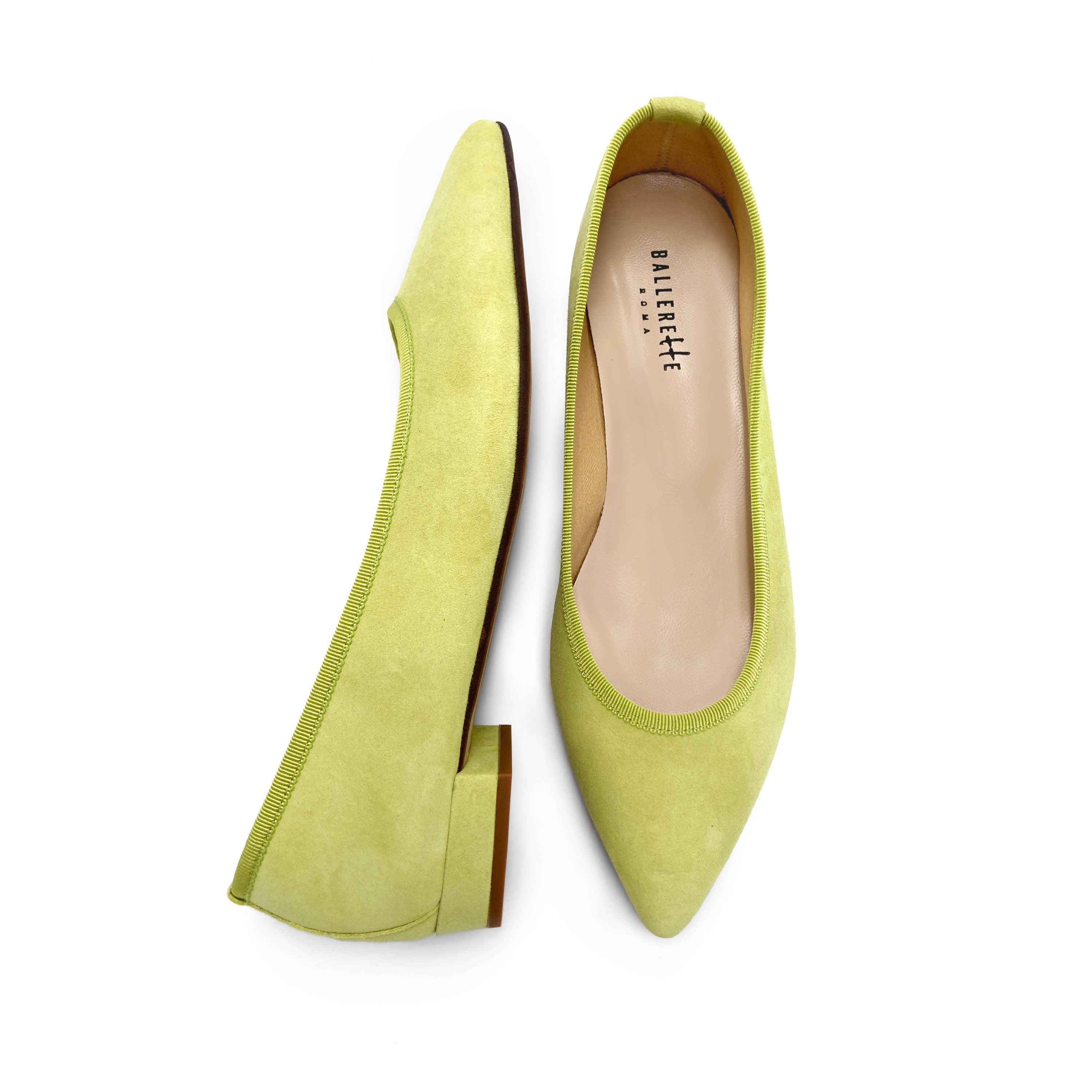 Lime green suede pointed ballet flats