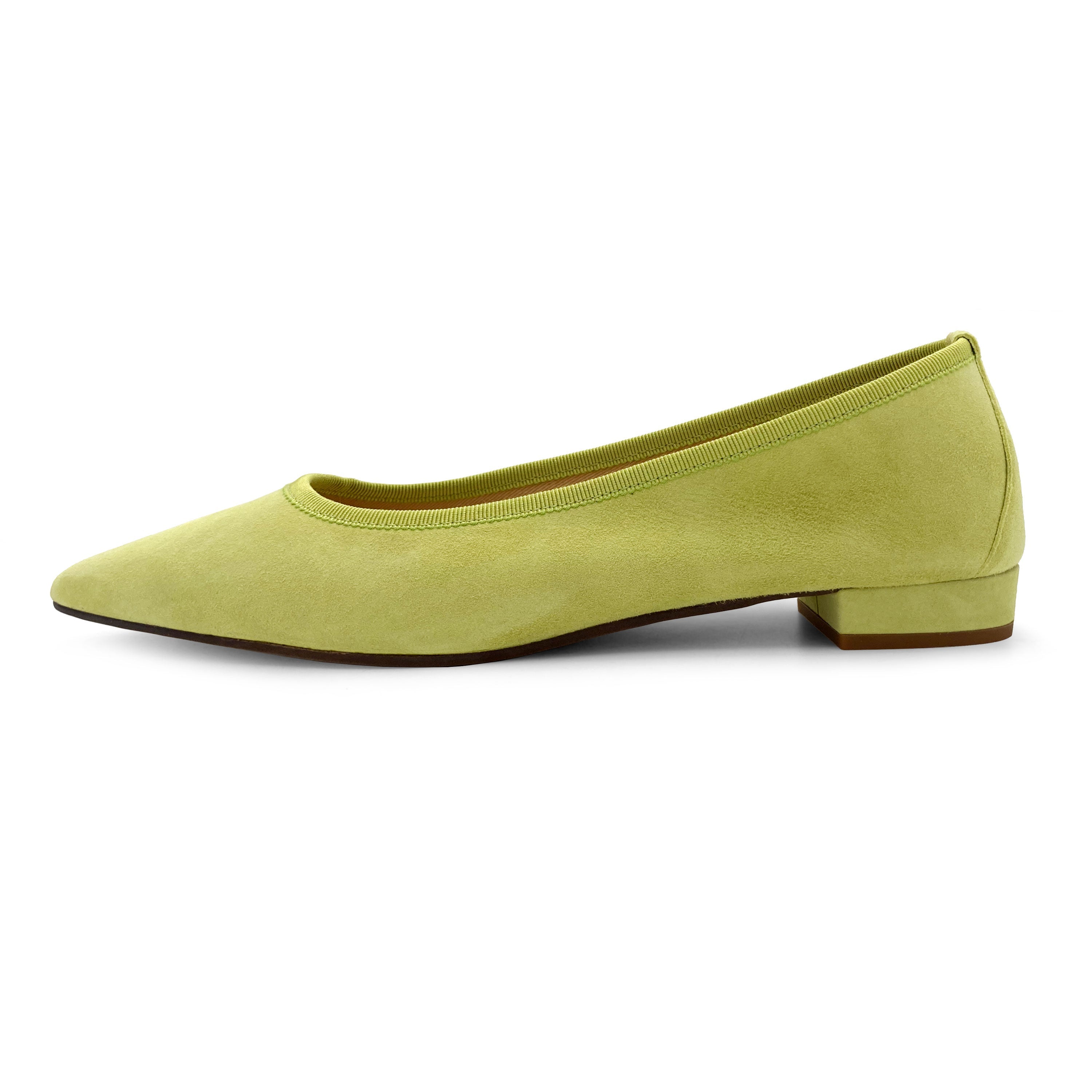 Lime green suede pointed ballet flats