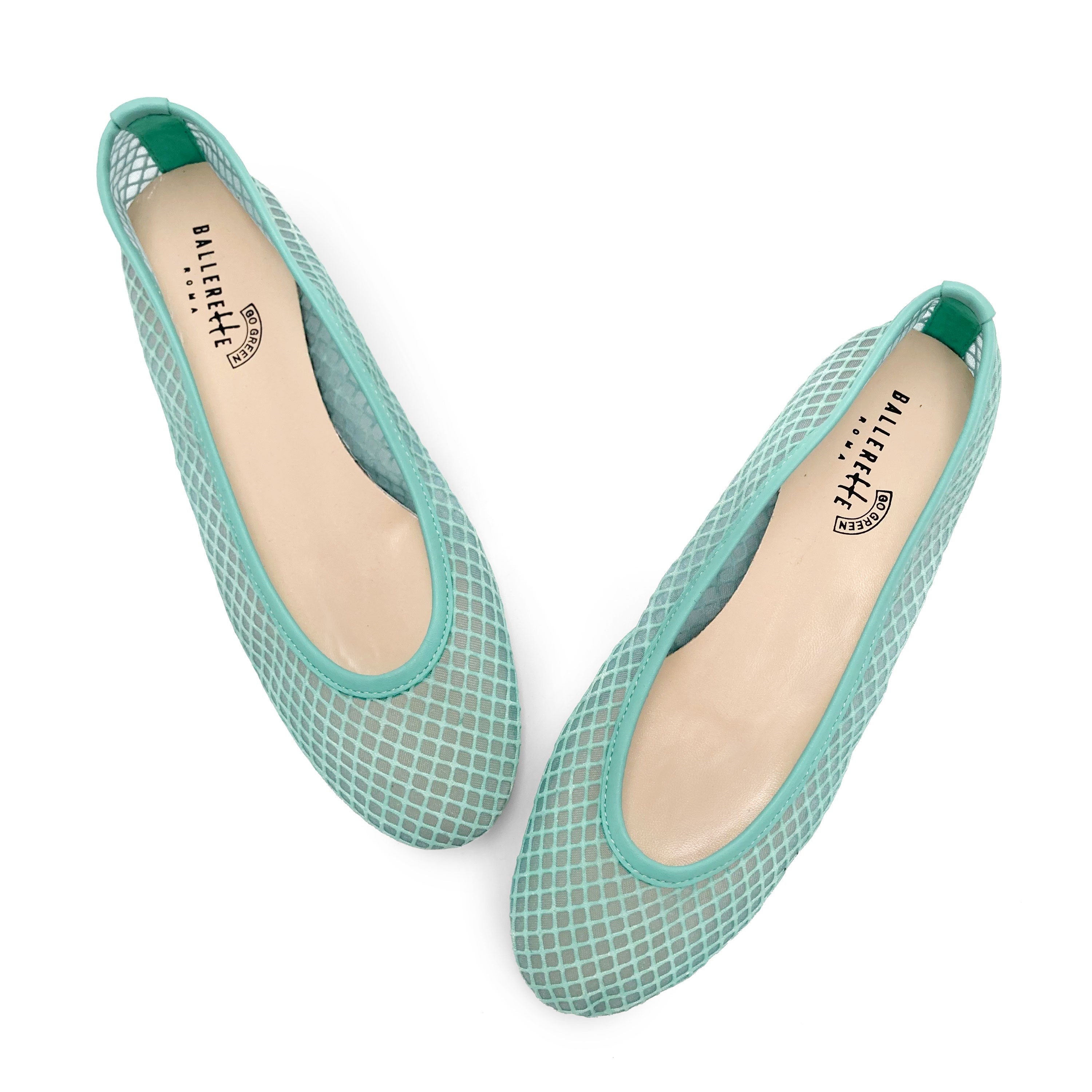 Aqua transparent mesh ballet flats in eco recycled fabric