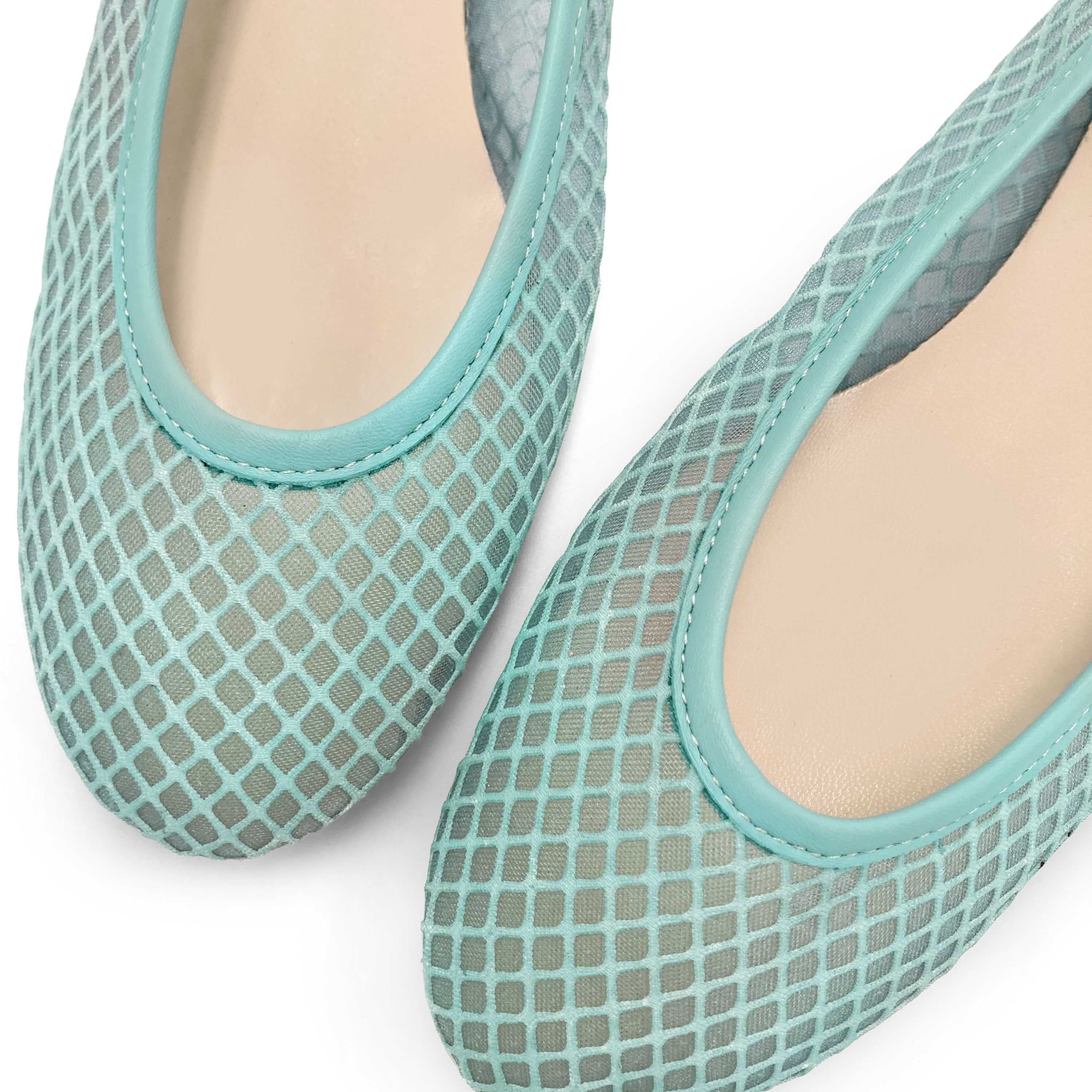 Aqua transparent mesh ballet flats in eco recycled fabric