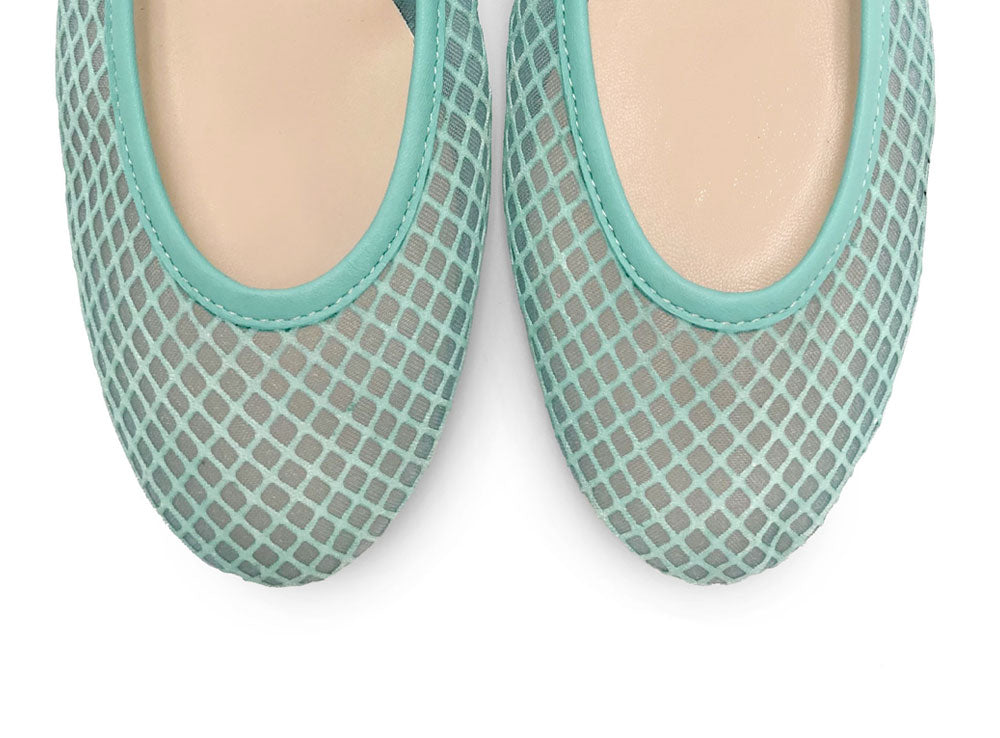 Aqua transparent mesh ballet flats in eco recycled fabric