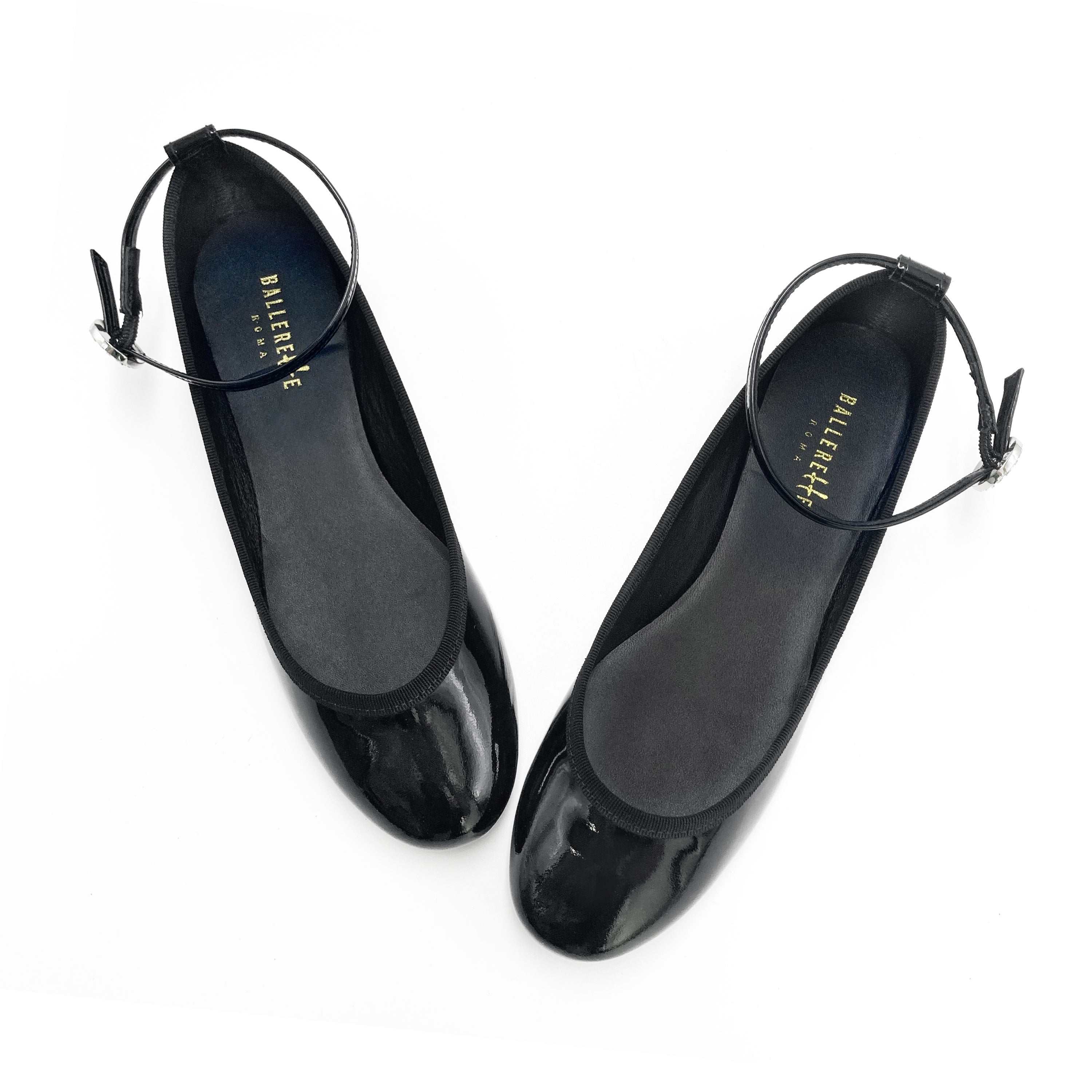 Black patent leather ballet flats with jewelled strap