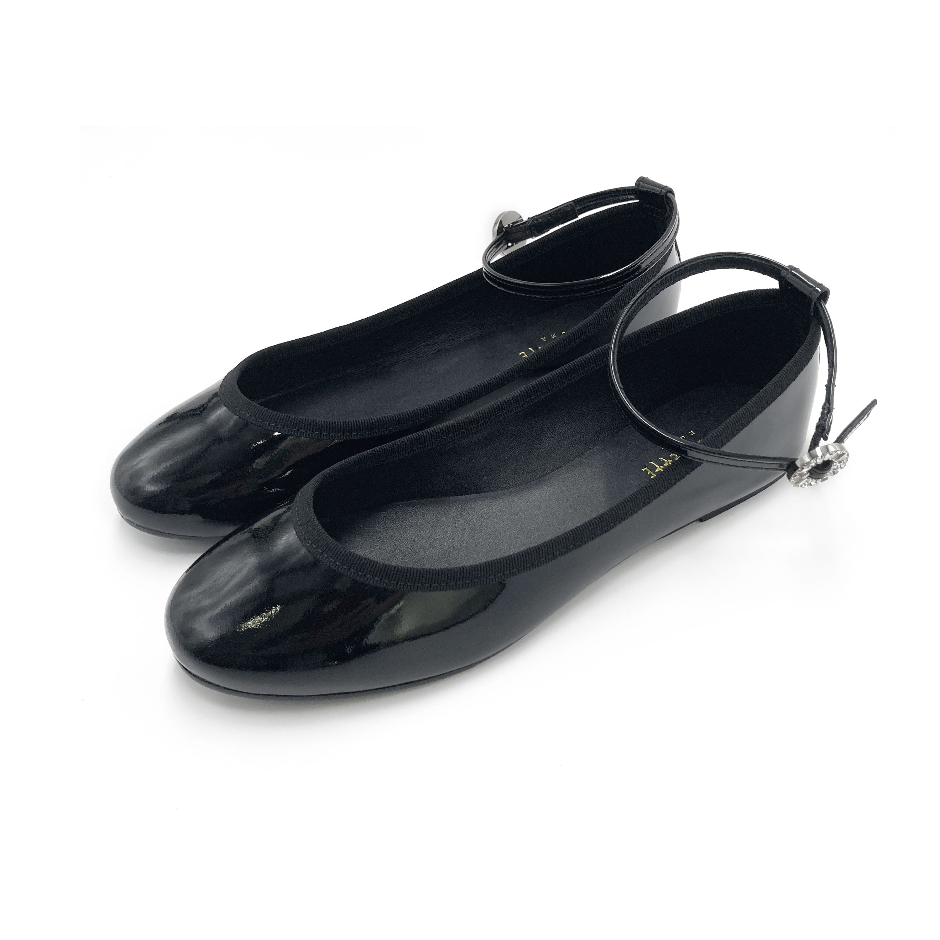 Black patent leather ballet flats with jewelled strap