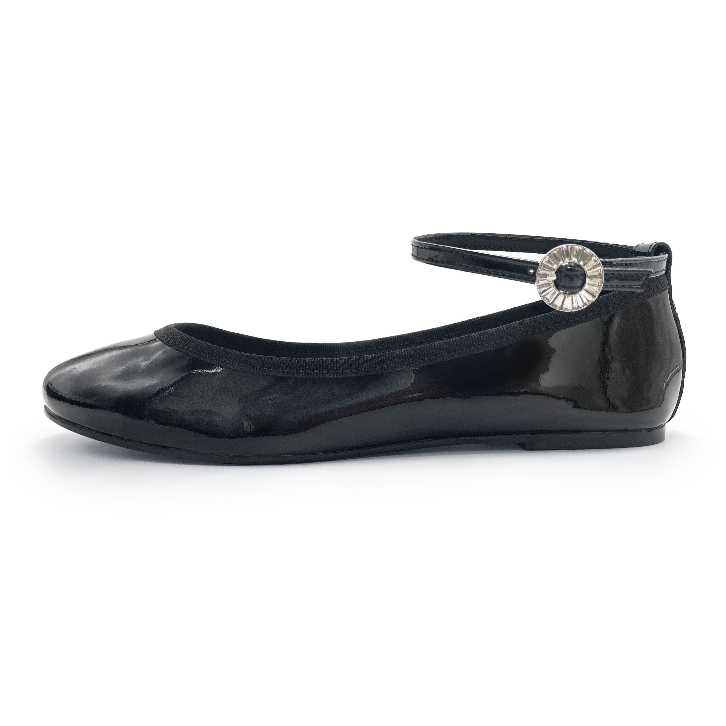 Black patent leather ballet flats with jewelled strap