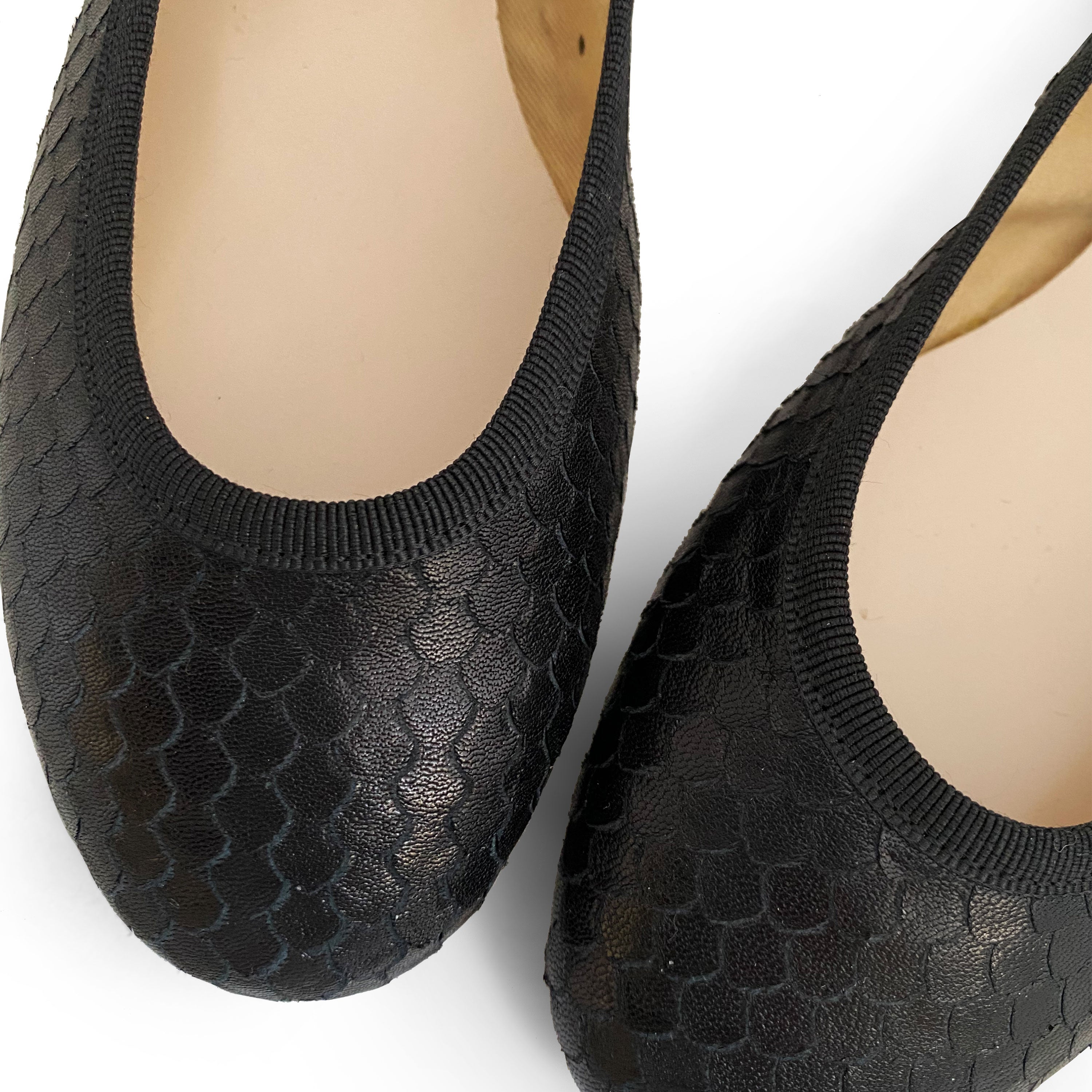 Black leather ballet flats cobra-skin effect